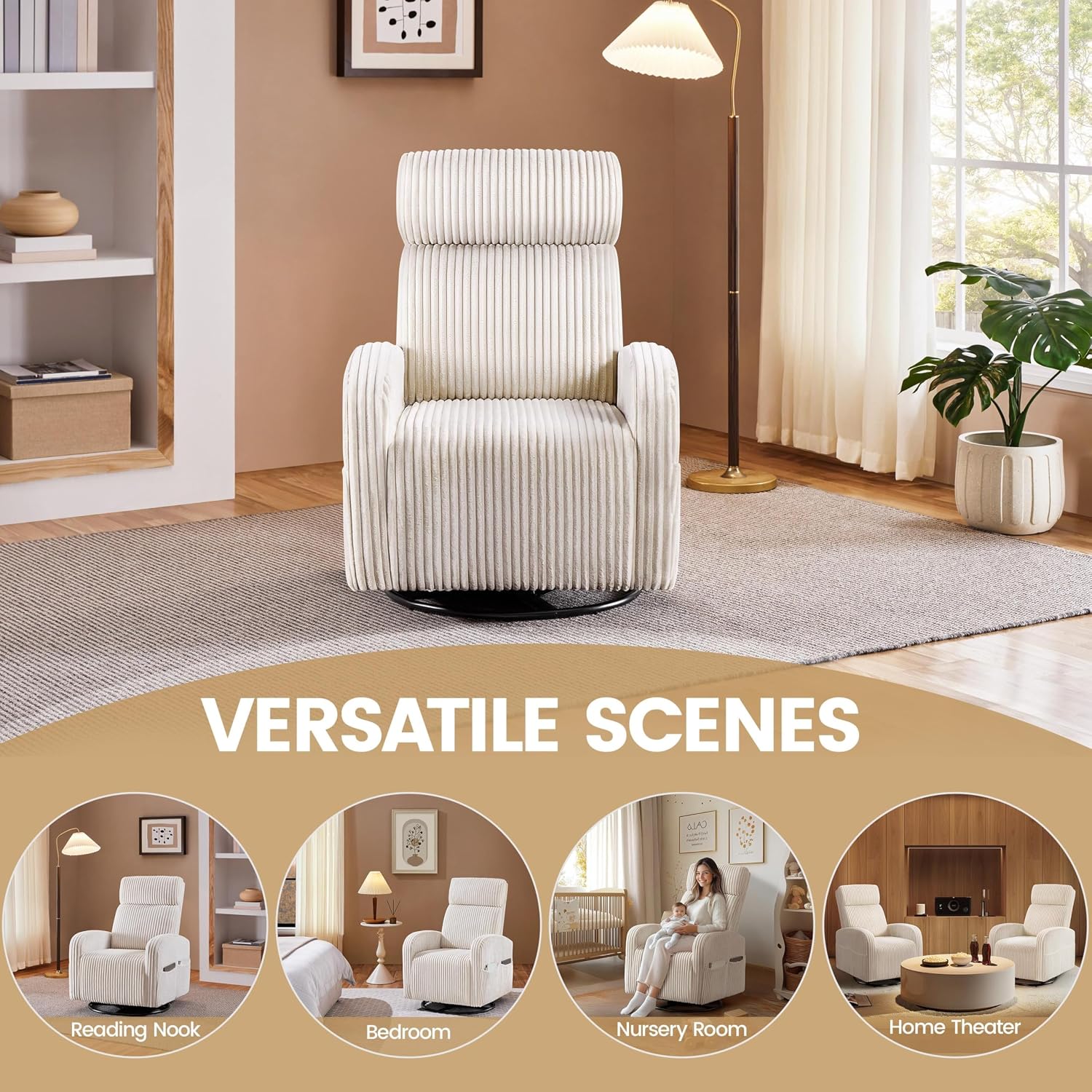 Yaheetech 360° Swivel Glider Chair for Nursery, Rocking Chair Nursing Chair with Side Pockets, Corduroy Glider for Living Room with High Back Beige Set of 2