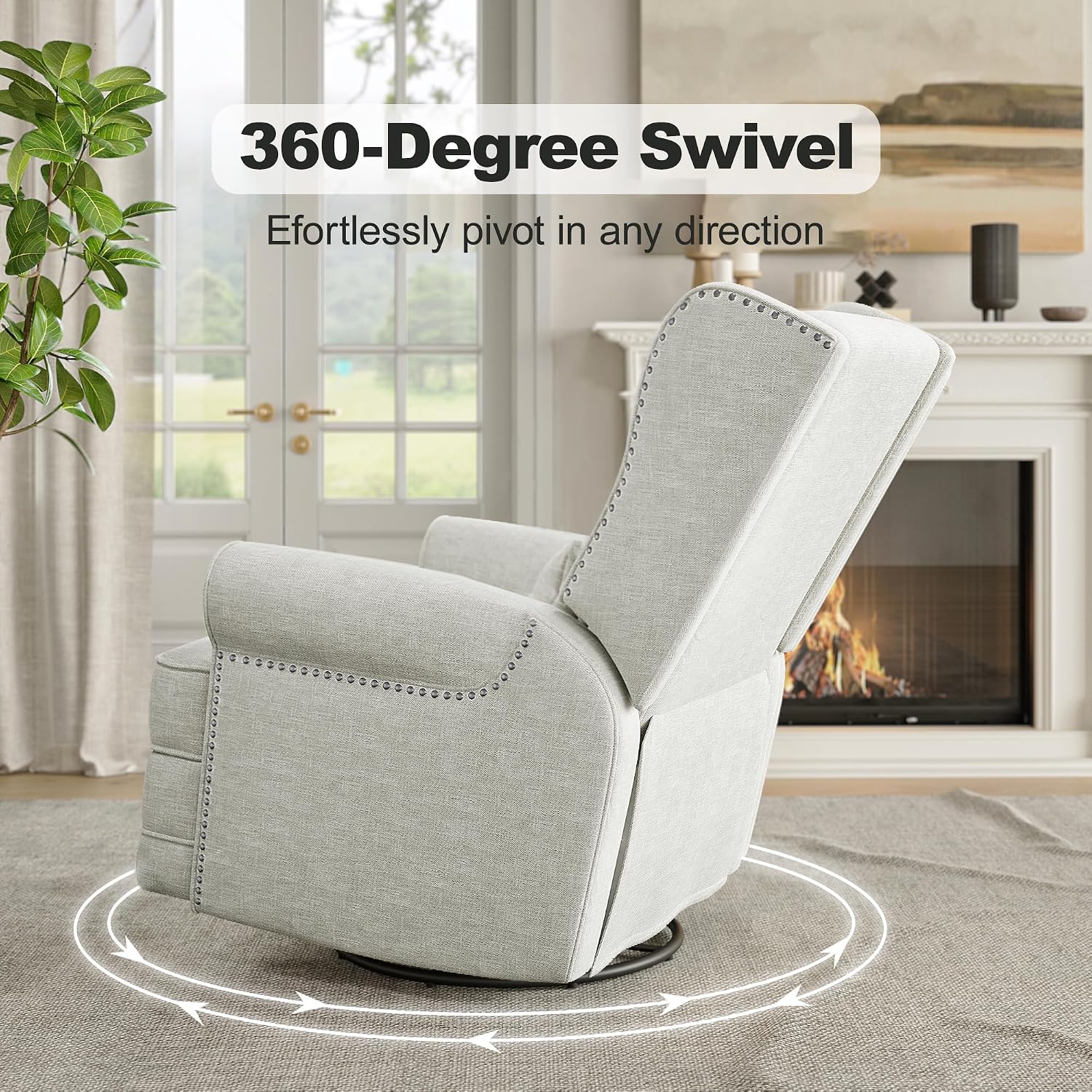 RoyalCraft Swivel Recliner Chair with Extra Large Footrest, Comfy Upholstered Glider Rocking Chair for Living Room, Bedroom and Office, Off White