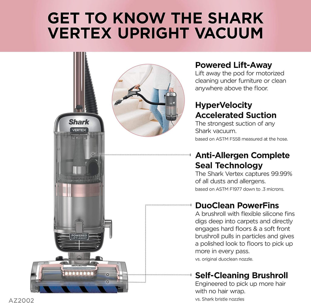 Shark AZ2002 Vertex DuoClean PowerFins Upright Vacuum with Powered Lift-Away Self-Cleaning Brushroll and HEPA Filter, 1 Quart Dust Cup Capacity, Rose Gold (Renewed)