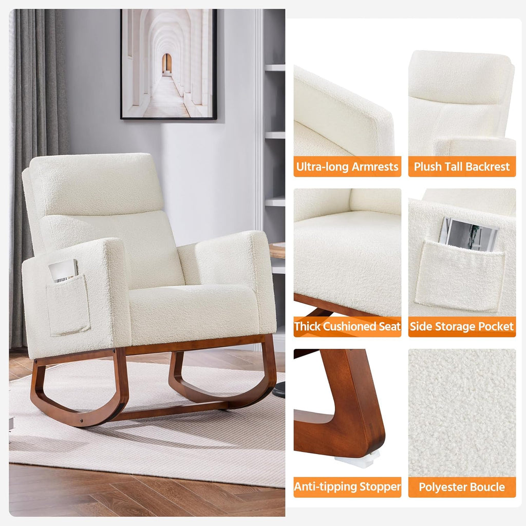 Yaheetech Upholstered Rocking Chair, Boucle Nursery Glider Chair with Side Pocket, Modern Rocking Accent Armchair with High Back and Rubber Wood Legs for Living Room Bedroom Nursery, 2 Pcs, Ivory