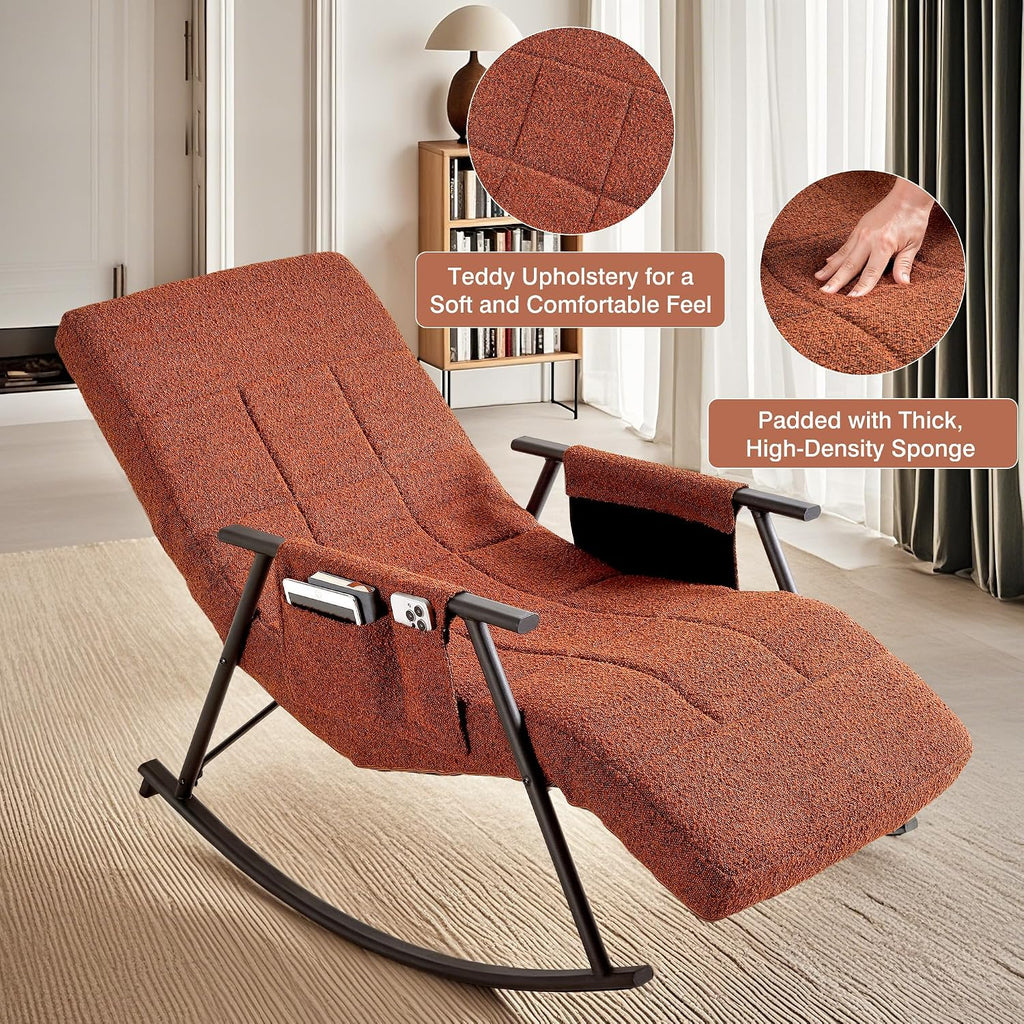 VECELO High Back Nursery Rocking Chair with Foot Rest, Teddy Upholstered Reclining Glider Rocker, Comfy Armchair Padded Seat Removable Side Pockets for Living Room, Bedroom, Balcony, Brown