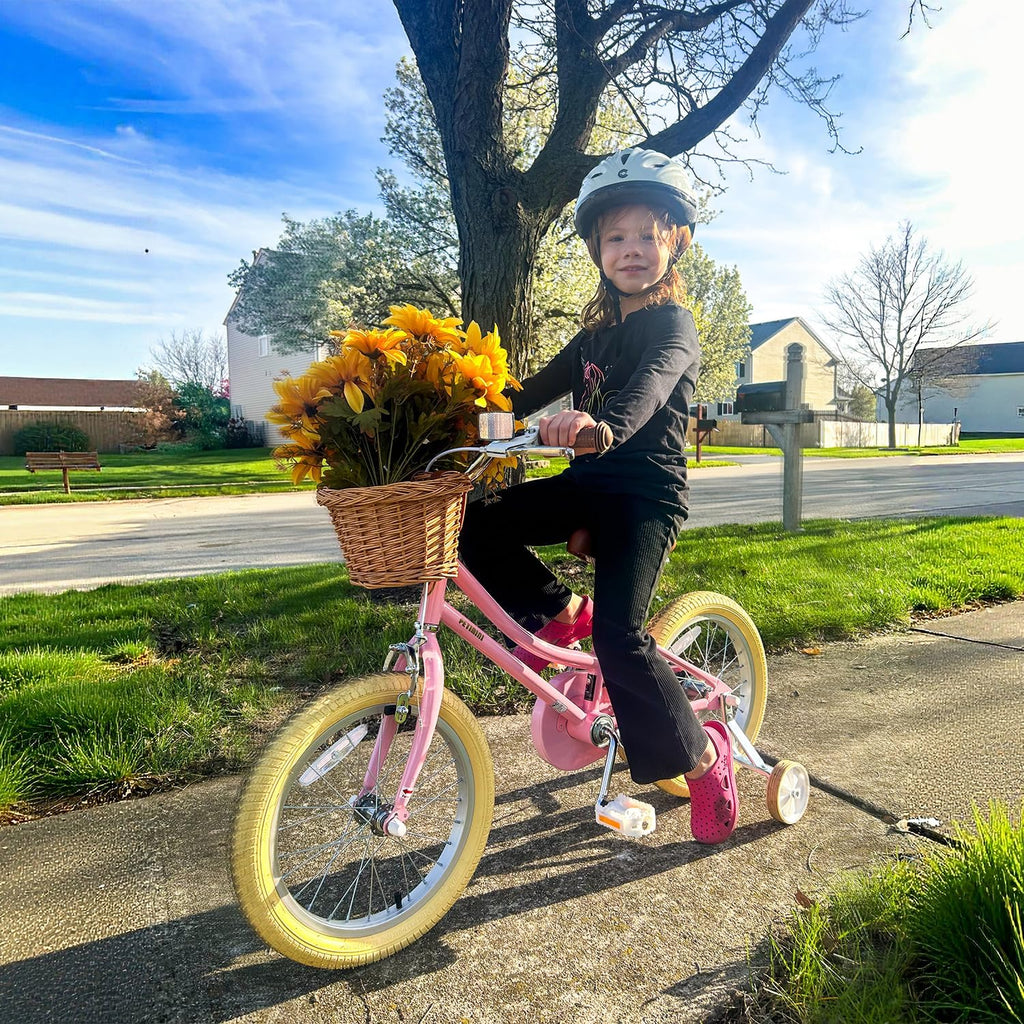 Petimini Vintage Kids Bike for Girls, 12–20 Inch Classic Bicycle with Wicker Basket & Bell, High Tensile Steel Frame, Training Wheels (12–18'), 85% Pre-Assembled, Retro Bike for Outdoor Riding