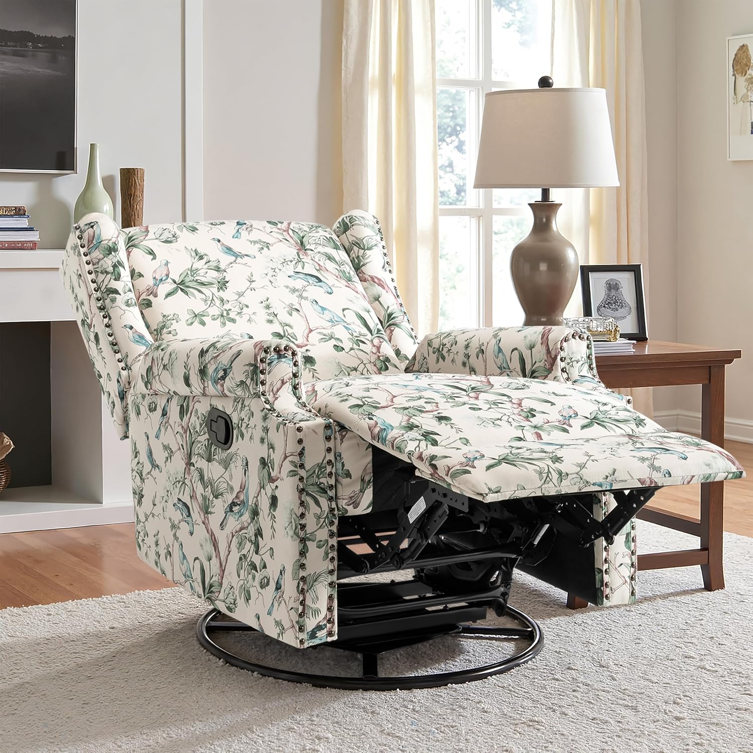 Lumibee Swivel Wingback Recliner Chair, 360° Swivel Rocker Recliner Chair with Footrest High Back, Comfy Upholstered Glider Rocking Chair for Living Room Bedroom (Bird)