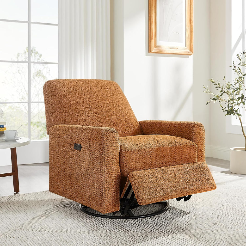 VANOMi Power Recliner Chair, 270° Swivel Nursery Chair with USB Charging Port Comfy Boucle Glider Rocking Chairs for Living Room, Nursery, Bedroom, Curry
