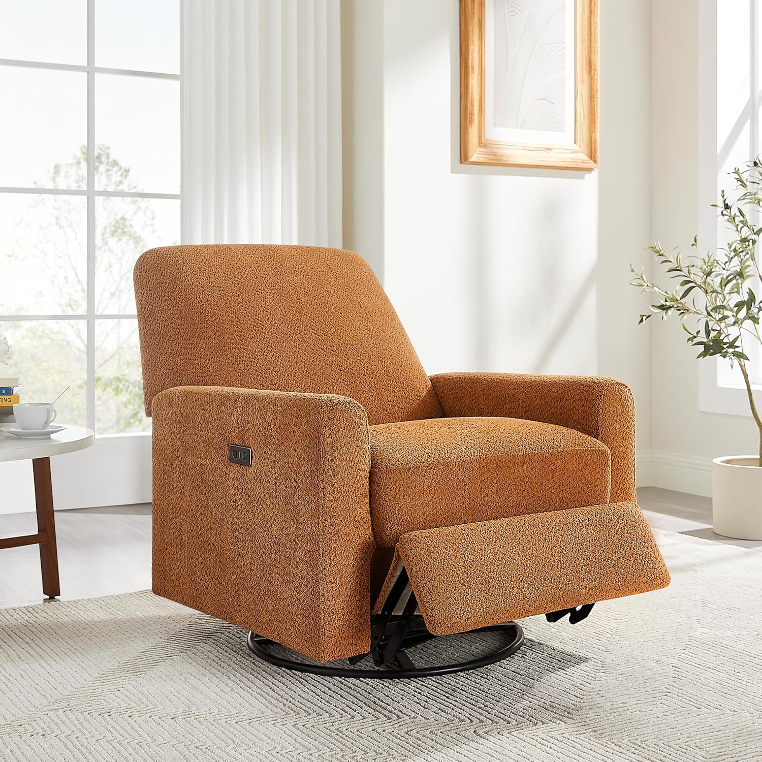 VANOMi Power Recliner Chair, 270° Swivel Nursery Chair with USB Charging Port Comfy Boucle Glider Rocking Chairs for Living Room, Nursery, Bedroom, Curry