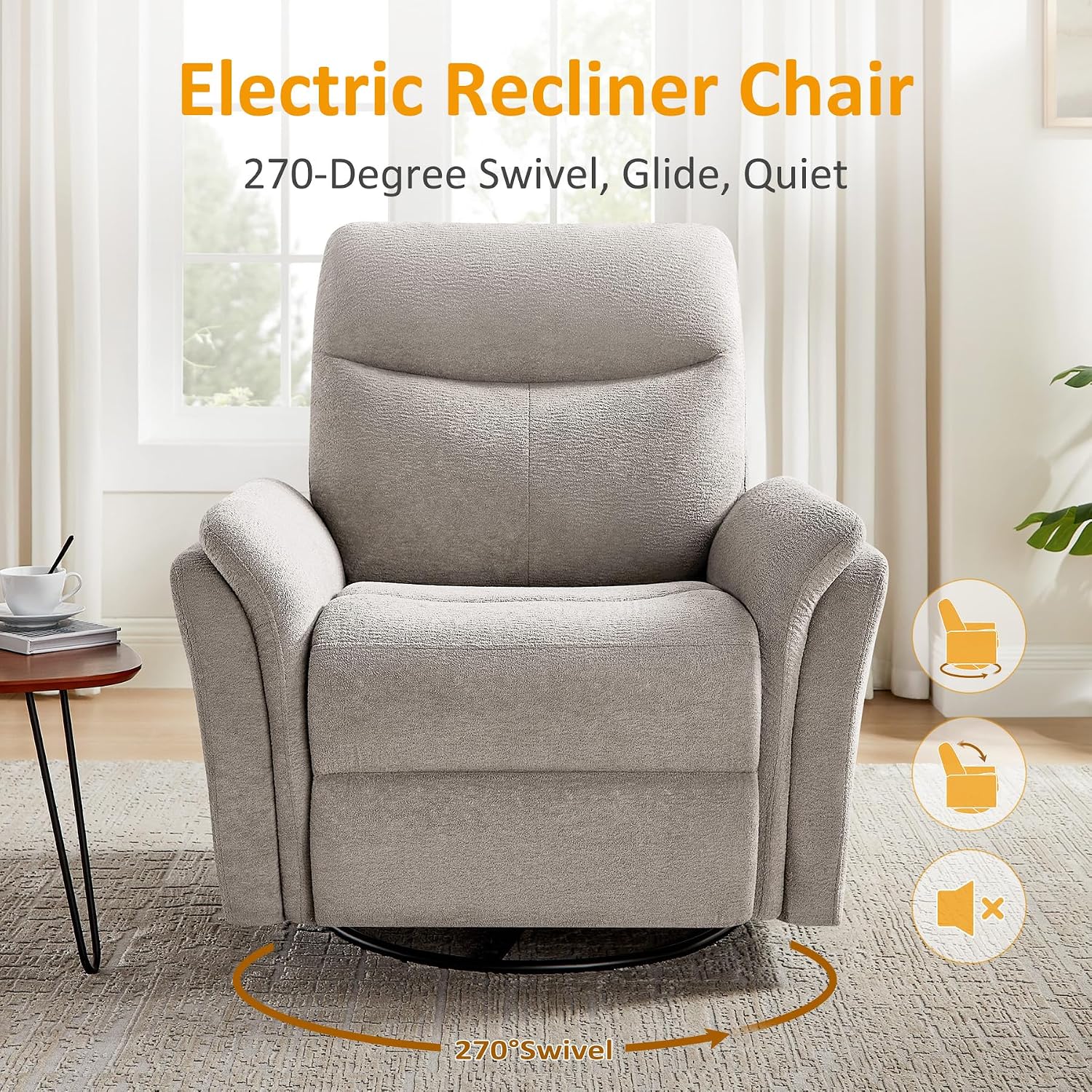 VANOMi Power Recliner Chair Swivel Glider, Electric Rocking Recliner Chairs with USB and Type-C Ports, Nursery Chair Recliner for Living Room, Bedroom, Apartment（Camel）