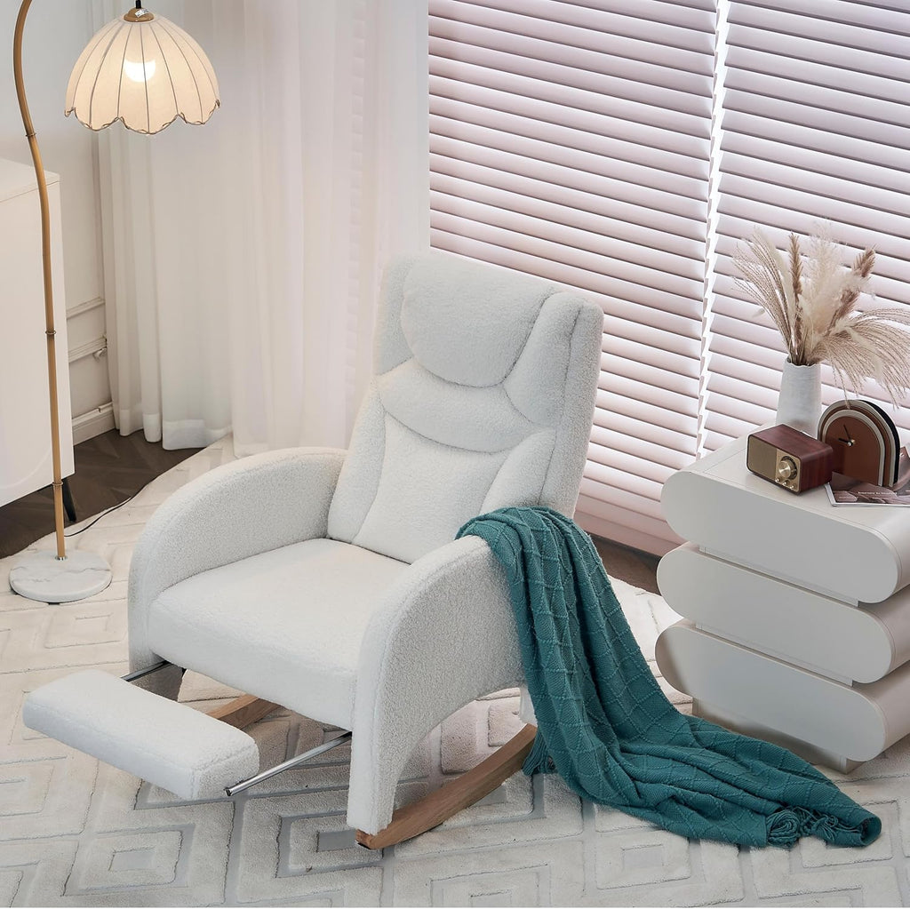 LUMISOL Rocking Chair with Adjustable Footrest, Soft Teddy Fabric Rocking Chair with Pocket for Nursery, Comfy Wing-Back Glider Rocker with Solid Wood Base for Living Room Bedroom Balcony, Ivory