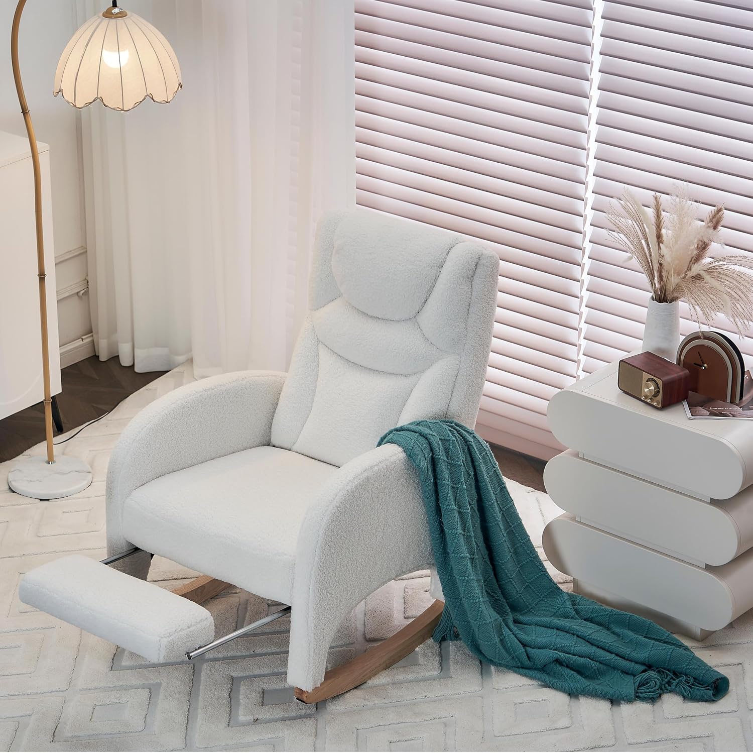 LUMISOL Rocking Chair with Adjustable Footrest, Soft Teddy Fabric Rocking Chair with Pocket for Nursery, Comfy Wing-Back Glider Rocker with Solid Wood Base for Living Room Bedroom Balcony, Ivory