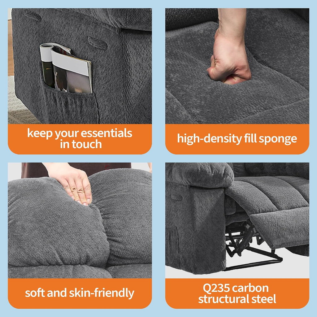 Oversized Rocker Recliner Chair for Adult, Ergonomic NurseryRock Recliner Chairs,Extra Wide Manual Recliners,Upholstery Overstuffed Soft Rocking Sofa Chair for Livingroom,Gray