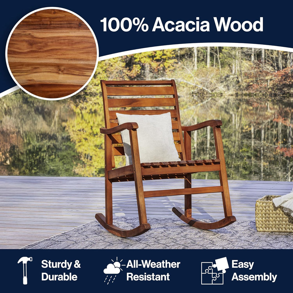 JONATHAN Y RCK101A Carey Modern Slat-Back 300-Lbs Support Acacia Wood Patio Outdoor Rocking Chair for Garden, Lawn, Backyard, Pool, Deck, Beach, Firepit, Teak