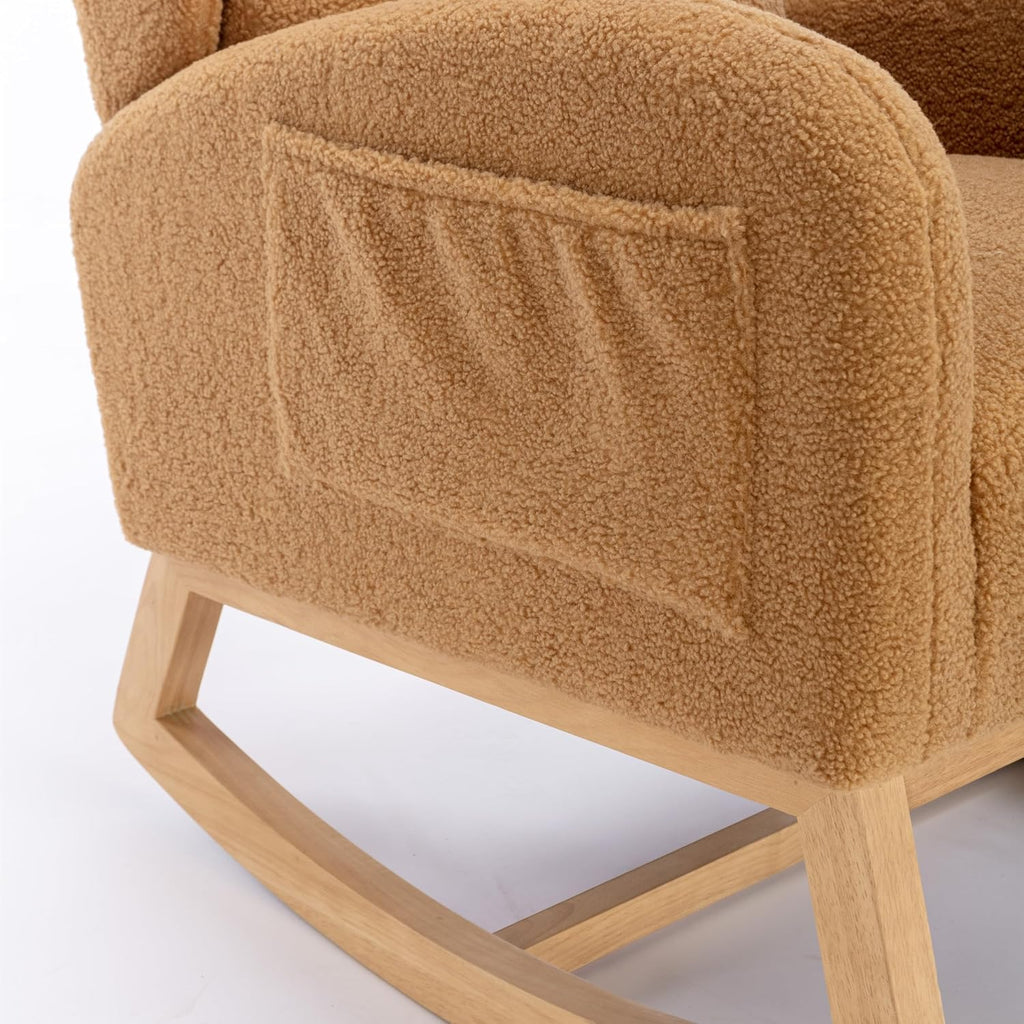 Setawix Teddy Rocking Glider Chair for Nursery,Upholstered Living Room Rocker Arm Chair,Leisure Sherpa Wingback Armchair,Mid Century Modern Rocking Accent Chair with Side Pockets (Wingback Khaki)