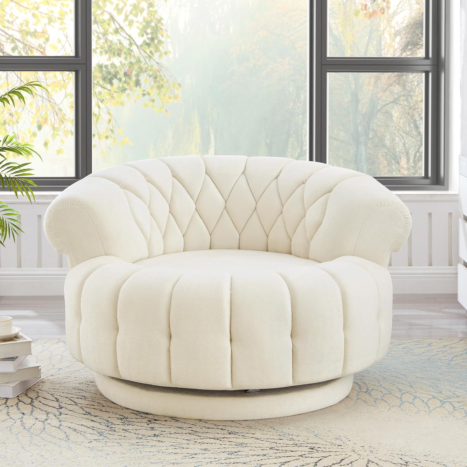 360° Swivel Accent Chair, Chenille Fabric Barrel Swivel Chair Round Club Chair with Curved Armrests & Thick Cushioning, Stylish Channel-Tufted & Diamond-Quilted Backrest for Living Room (Beige,02)