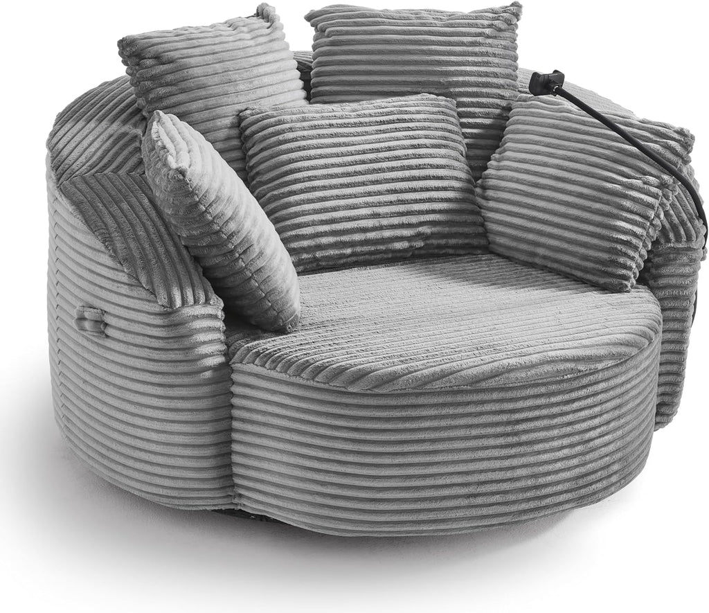 JIVOIT 360° Swivel Accent Chair with 5 Throw Pillows, Adjustable Phone Holder, Corduroy Fabric Round Sofa Chair Barrel Chair with Semi-Wraparound Design for Living Room, Office and Hotel (Gray,1)