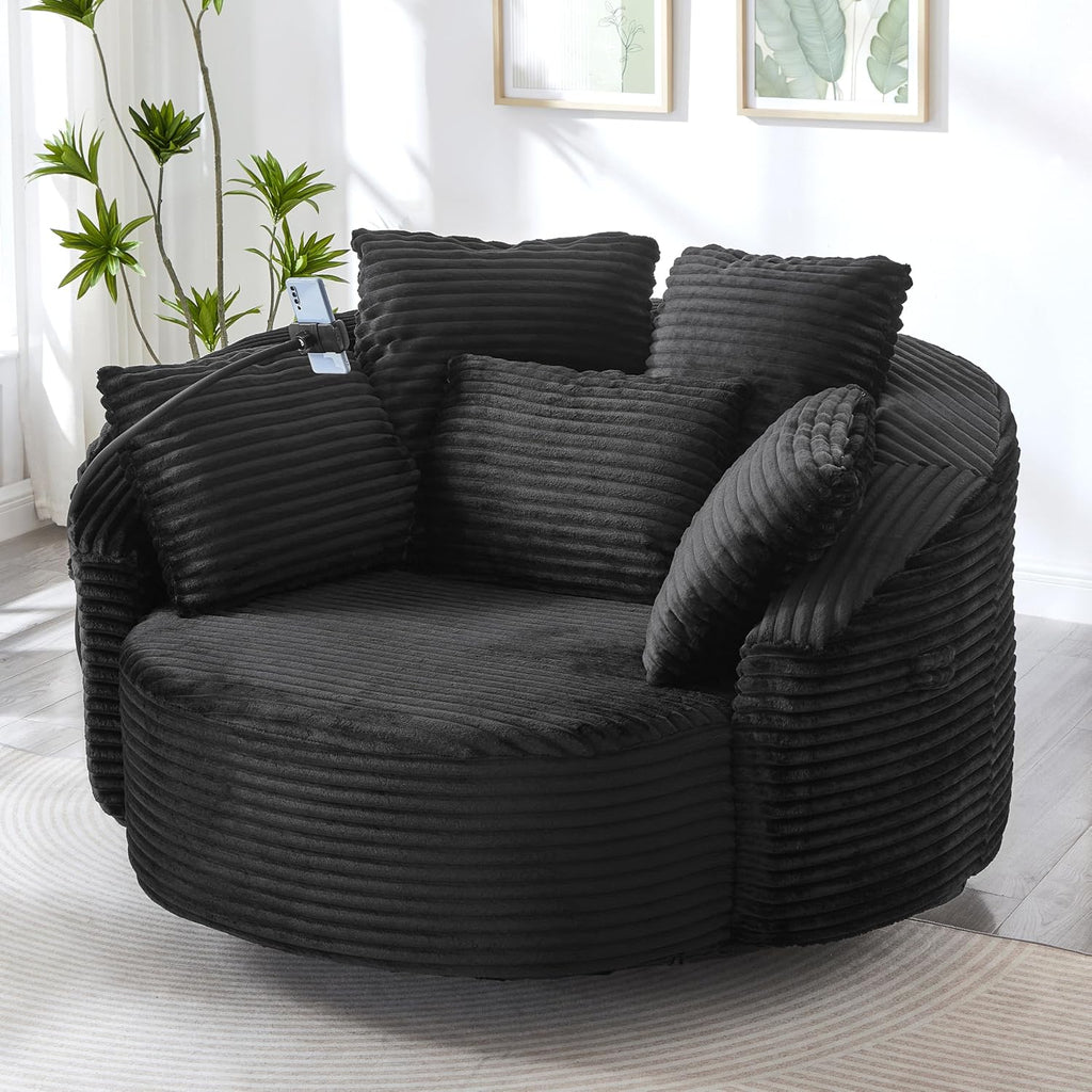 JIVOIT 360° Swivel Accent Chair with 5 Throw Pillows, Adjustable Phone Holder, Corduroy Fabric Round Sofa Chair Barrel Chair with Semi-Wraparound Design for Living Room, Office and Hotel (Black,1)