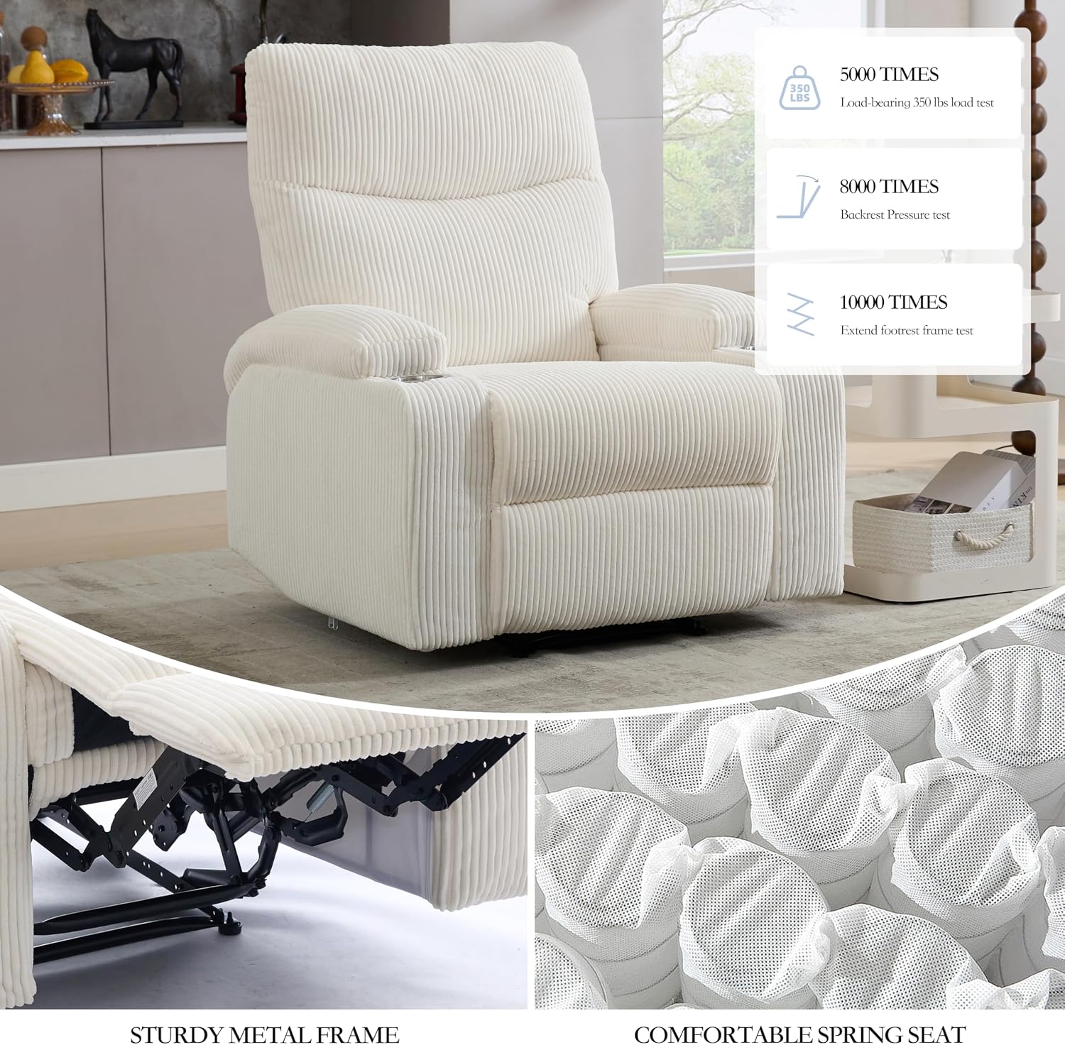 Manual Recliner Chair with Pull Ring, 3 Position 140° Reclining Sofa for Living Room, Nursery, RV, and Office,Oversized Recliner Chairs for Adults(White Corduroy Fabric)