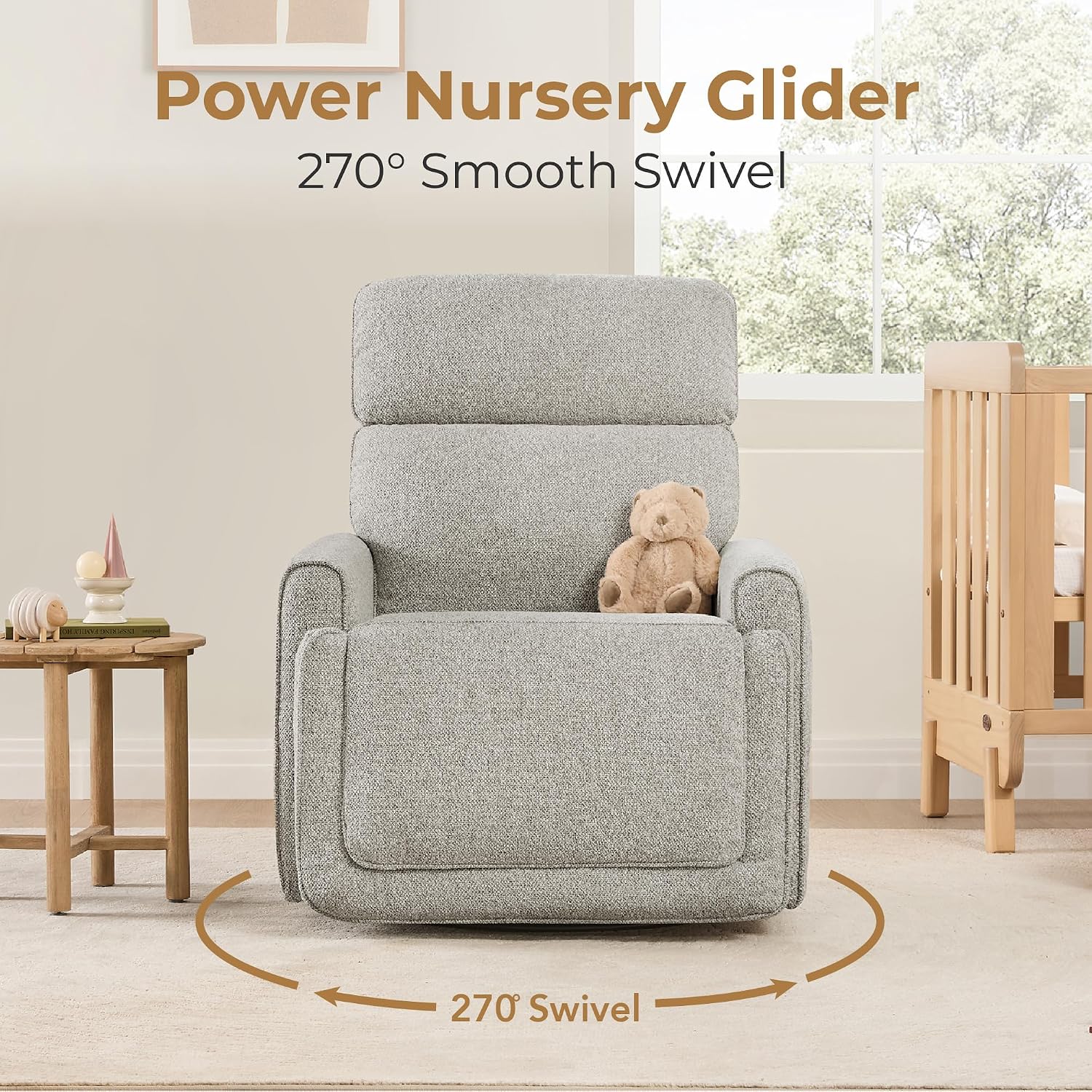 CHITA Power Recliner Chair Swivel Glider with Adjustable Power Headrest, FSC Certified Electronic Modern Nursery Rocking Chair with USB and Type-C Ports, Light Grey