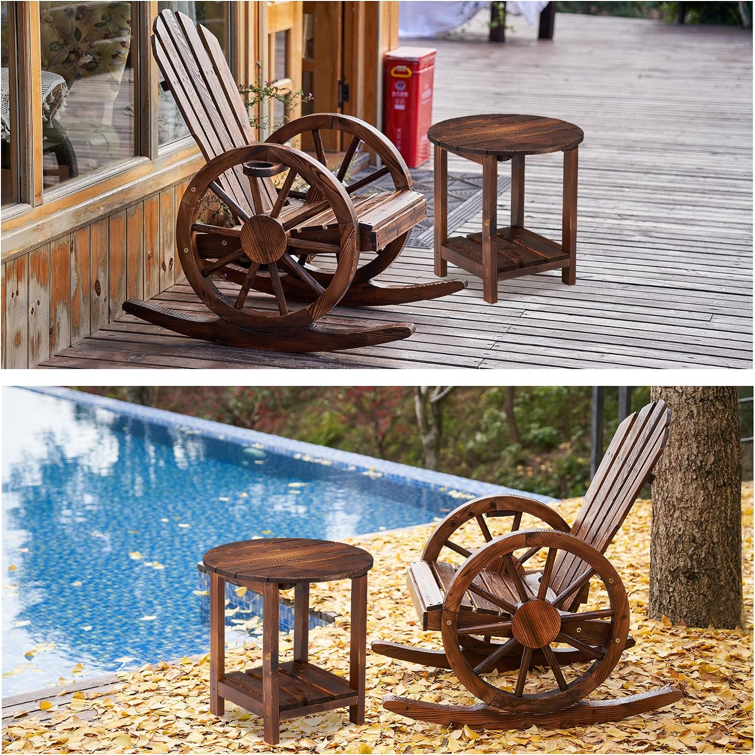 AHB Outdoor Wooden Rocking Chairs Set, Wagon Wheel Armrest Yard Glider Patio Chair with Small Table for Coffee Break, Adirondack Rocking Chair for Summer Lawn Garden Balcony, Brown (2 PCS)