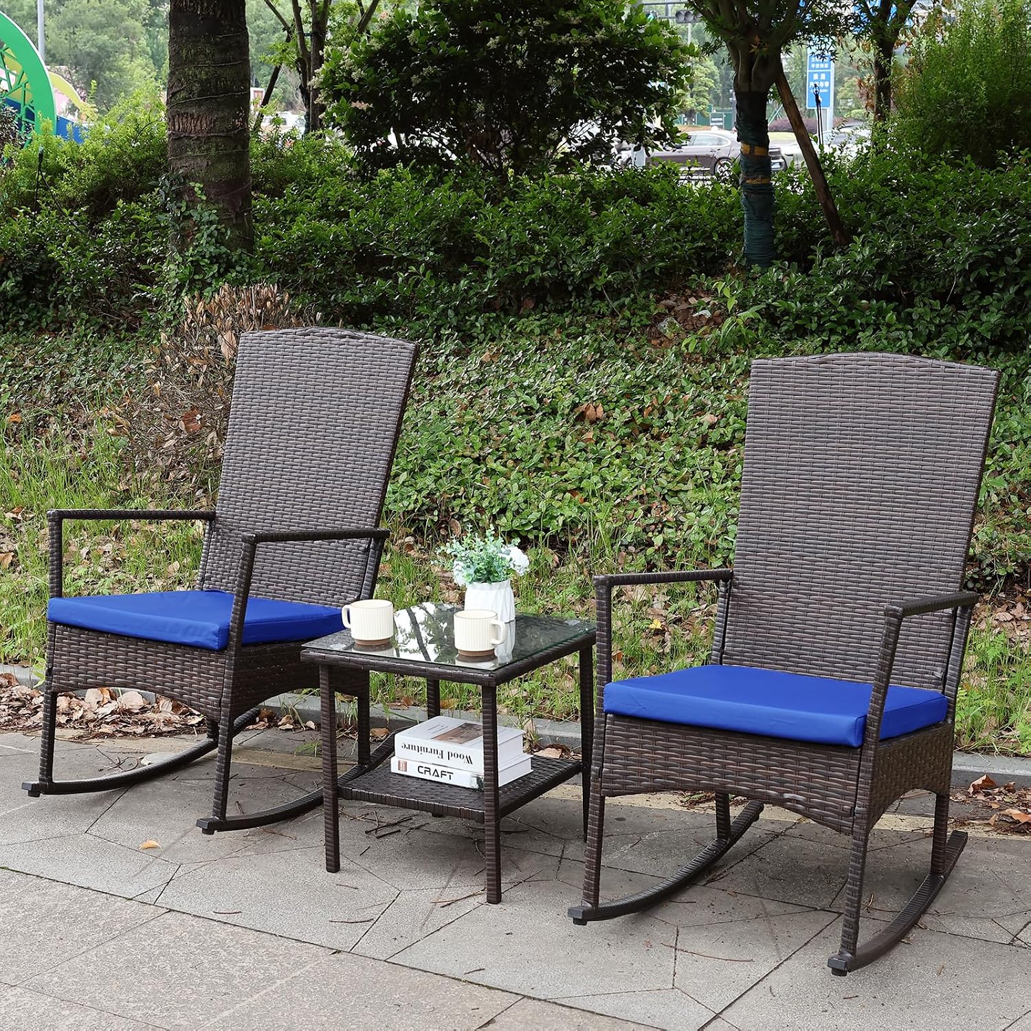Oasishine Rocking Chair Outdoor 3 Pieces High-Backed Patio Rocking Chairs Bistro Table and Chairs Set of 2, Royal Blue
