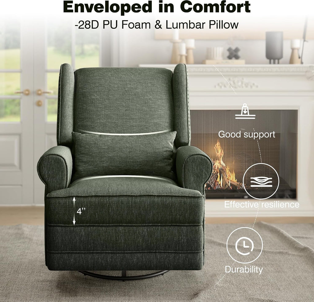 RoyalCraft Swivel Recliner Chair, Comfy Glider Rocking Chairs with Lumbar Pillow and Footrest, Upholstered Swivel Rocking Chair for Bedroom, Dark Green