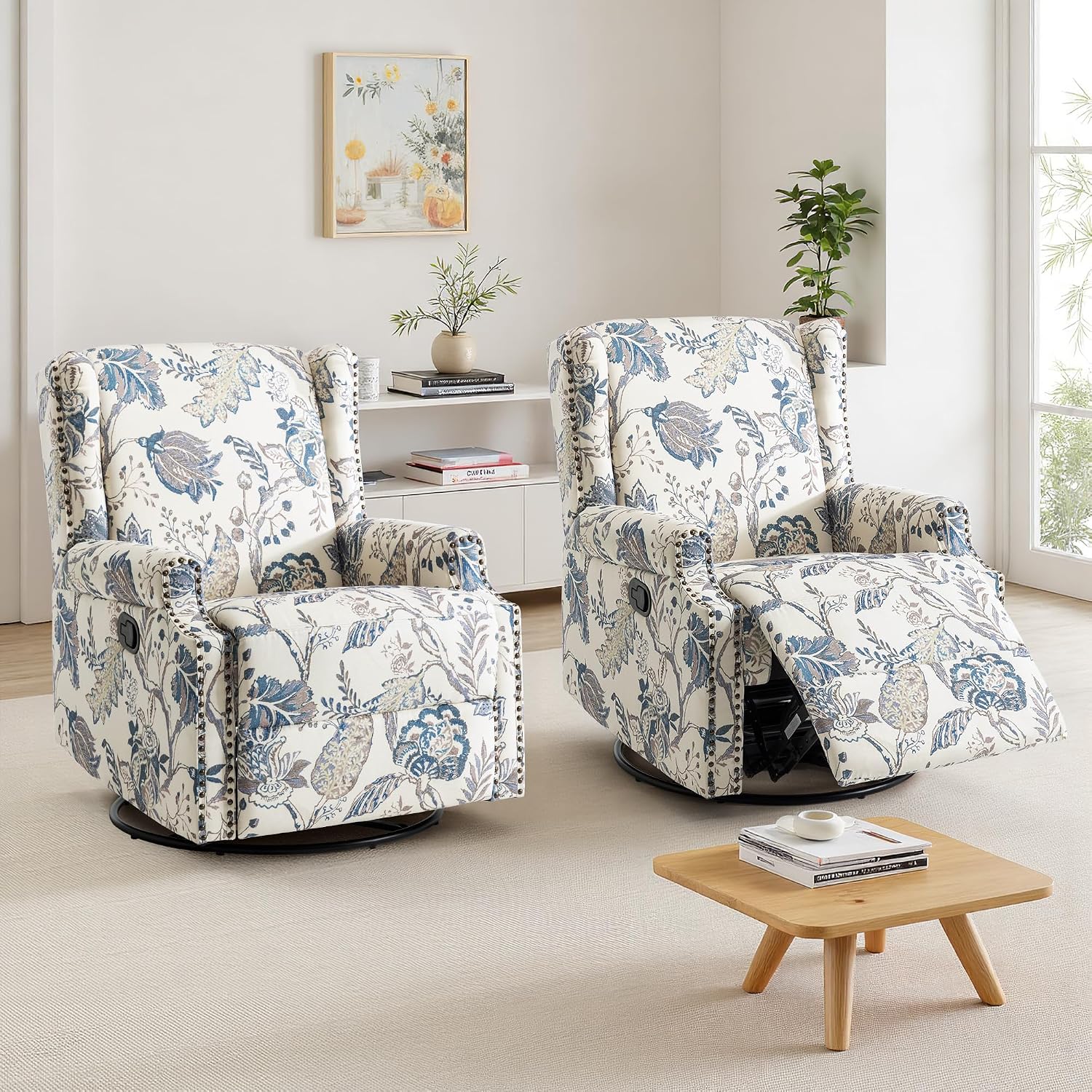 Lumibee Swivel Rocker Recliner Chair Set of 2, Printed Fabric Swivel Glider Rocking Chair with High Back, Upholstered Deep Seat Wingback Recliner Chair for Living Room Bedroom, Plants Blue