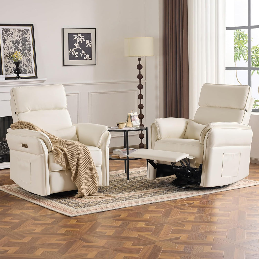 MELLCOM Power Recliner Rocking Chair Nursery Gliders with Adjustable Armrests and Headrest, Swivel Electric Glider Reclining Nursing Chair with Storage Bags and USB Port, FSC Certified(Beige Leather)