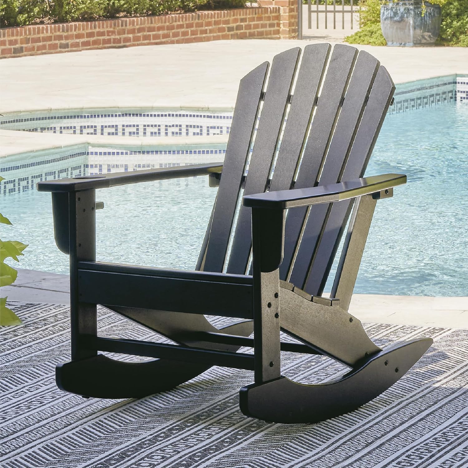 Signature Design by Ashley Sundown Treasure Cottage Weather Resistant Indoor/Outdoor Rocking Chair with 1 Cup Holder, Black