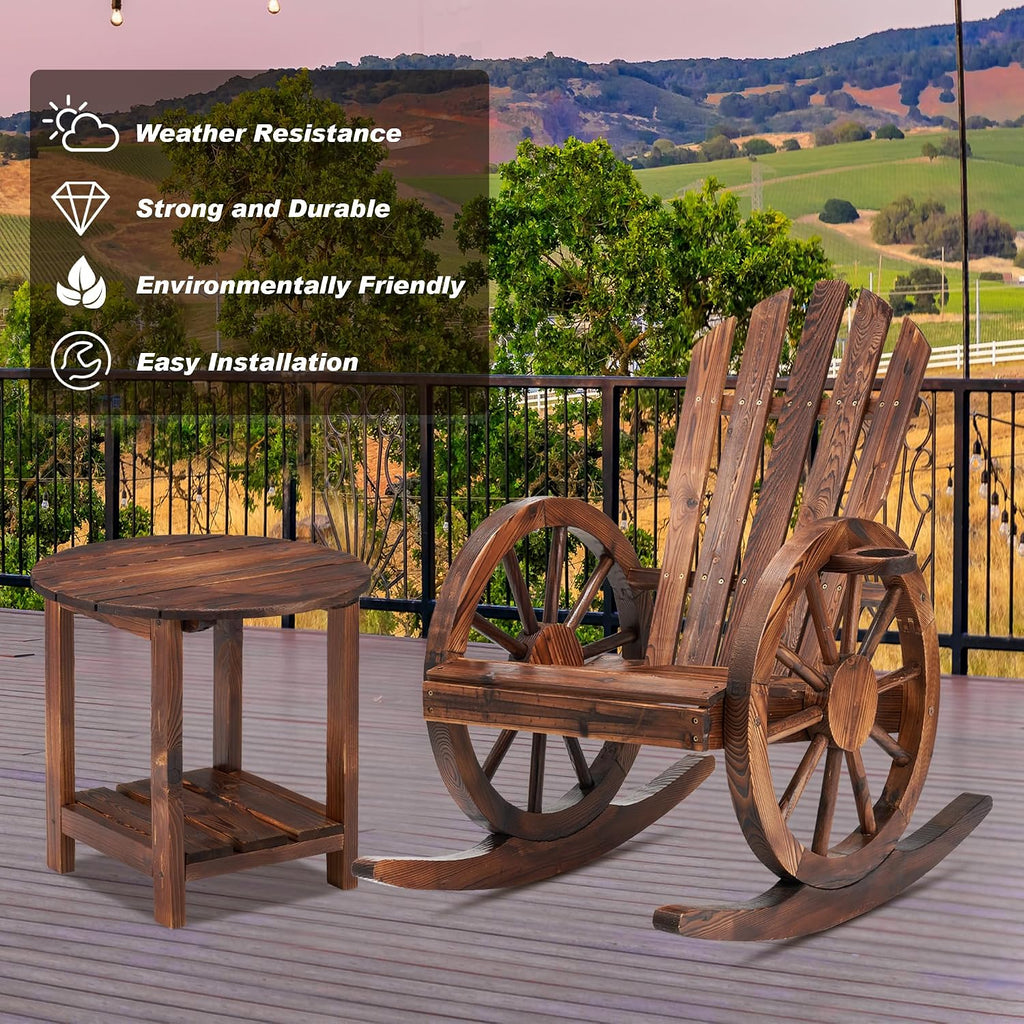 AHB Outdoor Wooden Rocking Chairs Set, Wagon Wheel Armrest Yard Glider Patio Chair with Small Table for Coffee Break, Adirondack Rocking Chair for Summer Lawn Garden Balcony, Brown (2 PCS)