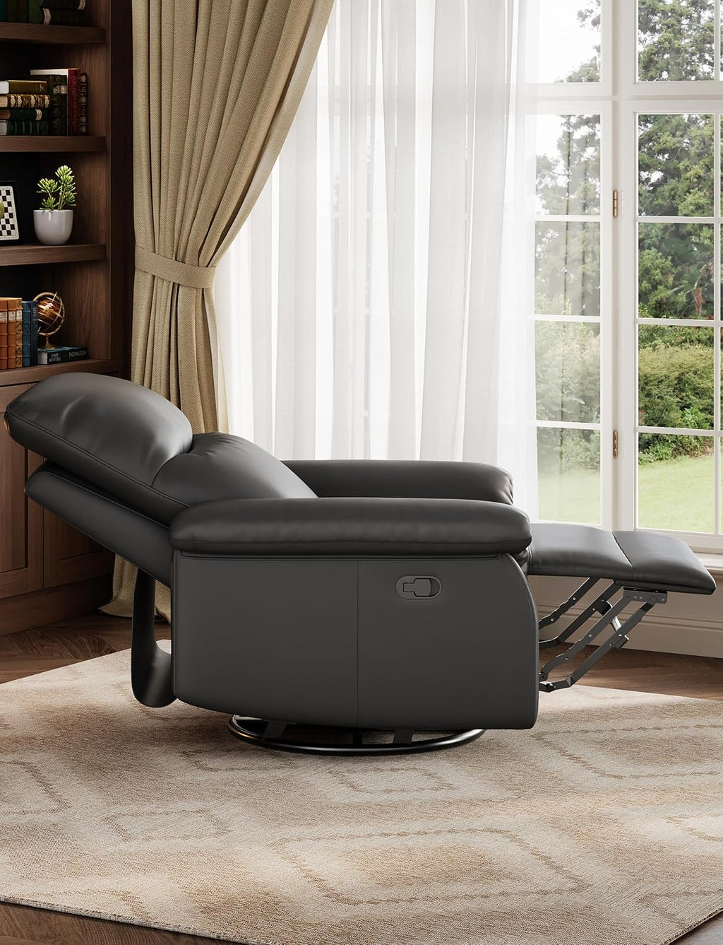 GAOMON Swivel Rocking Recliner Chair, Manual Leather Recliner Glider with Lumbar Support & Padded Armrest, Comfortable Rocker Nursery Single Sofa for Living Room and Bedroom (Black)
