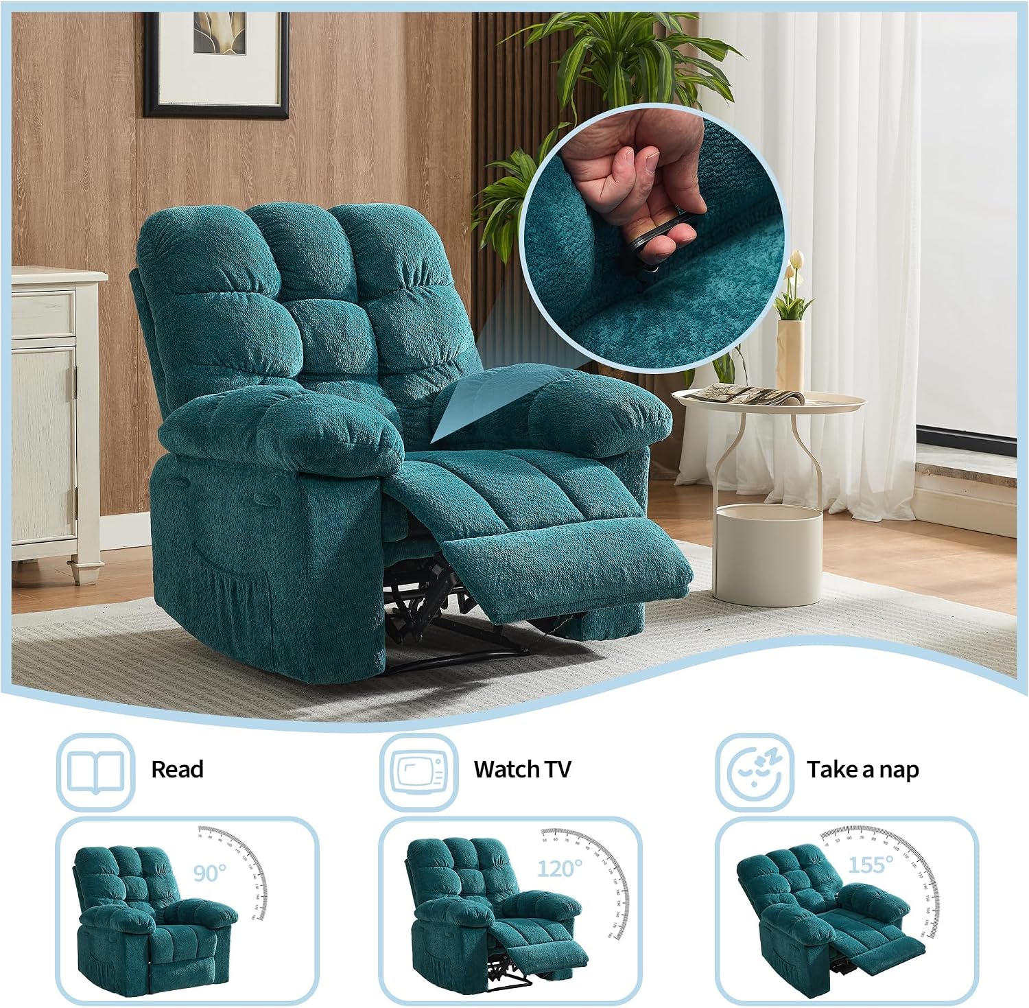 Oversized Swivel Rocker Recliner Chair for Adults, Ergonomic 360° Nursery Swivel Rock Recliner,Extra Wide Manual Recliner with Upholstery Overstuffed Soft Rocking Sofa Chair for Ultimate Comfort,Blue