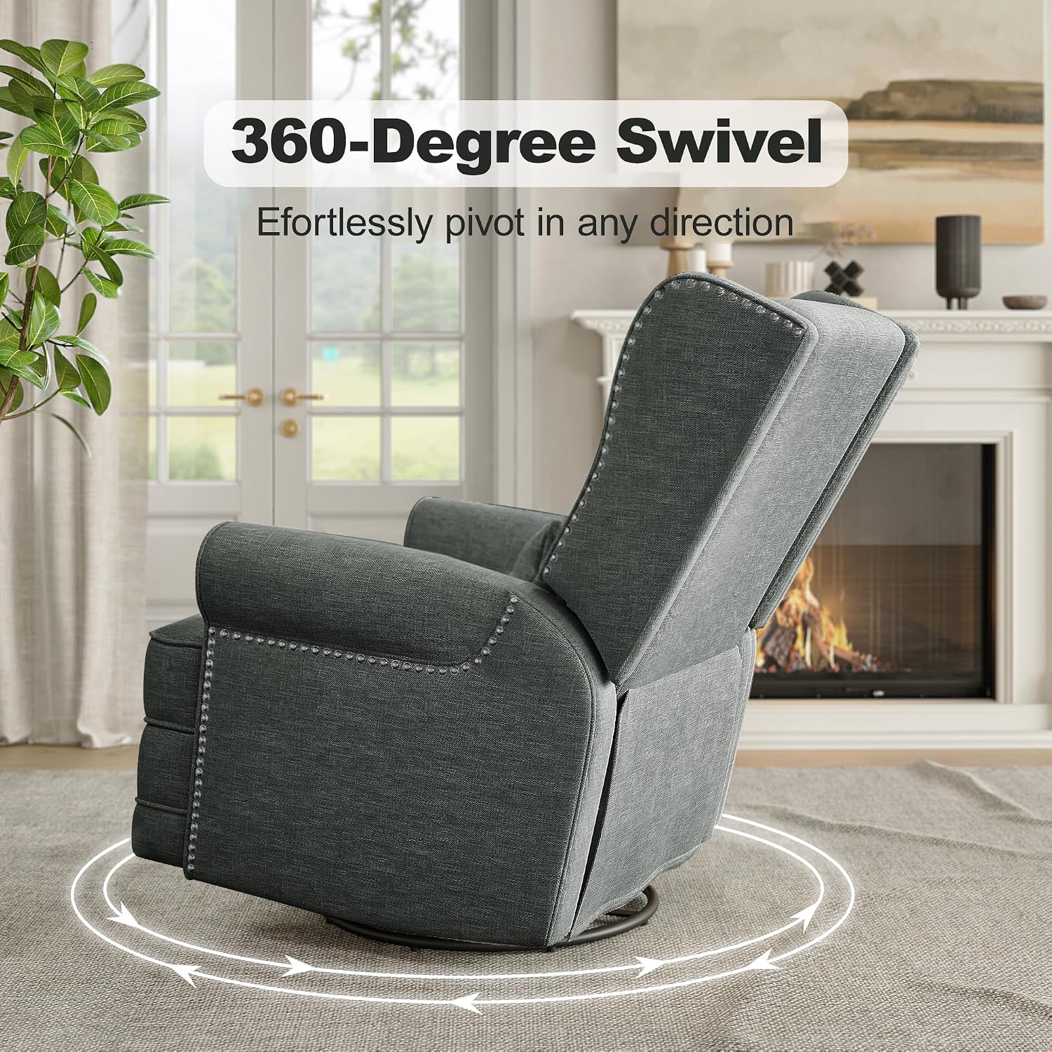 May in Color Nursery Glider Recliner, Comfy Upholstered Glider Chair with Lumbar Pillow and Footrest, Swivel Rocking Chair for Bedroom, Living Room, Dark Grey