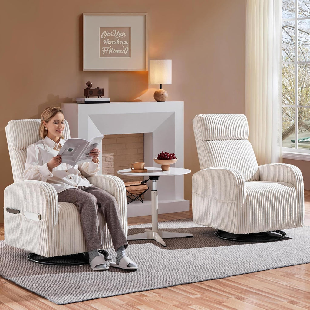 Yaheetech 360° Swivel Glider Chair for Nursery, Rocking Chair Nursing Chair with Side Pockets, Corduroy Glider for Living Room with High Back Beige Set of 2