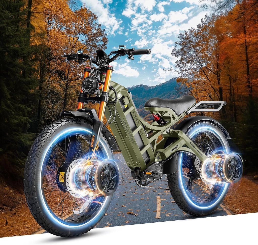 eAhora 2025 Romeo Pro 2 Electric Bike for Adults 4000W Dual Motor Electric Bicycle 46MPH 52V 70Ah 200+Miles Long Range 26 * 4.0 Fat Tire Full Suspension Electric Mountain Bike with Rack Green
