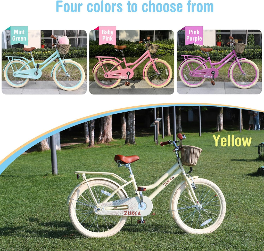 MEGHNA Cruiser Bike 20 inch/24 inch Wheels Girls Women Bike Single Speed Commuter Bike with Basket V-Brake and Coast Brake Women Ladys Bicycle, Multicolors