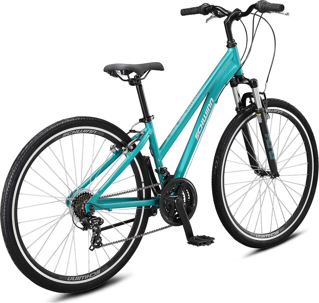 Schwinn Network 3.5 Hybrid Bike, Mens and Womens Bike, 21-Speed Hybrid Bicycle, Aluminum Frame, Suspension Seat, Alloy Linear Pull Brakes, Adult Bicycle