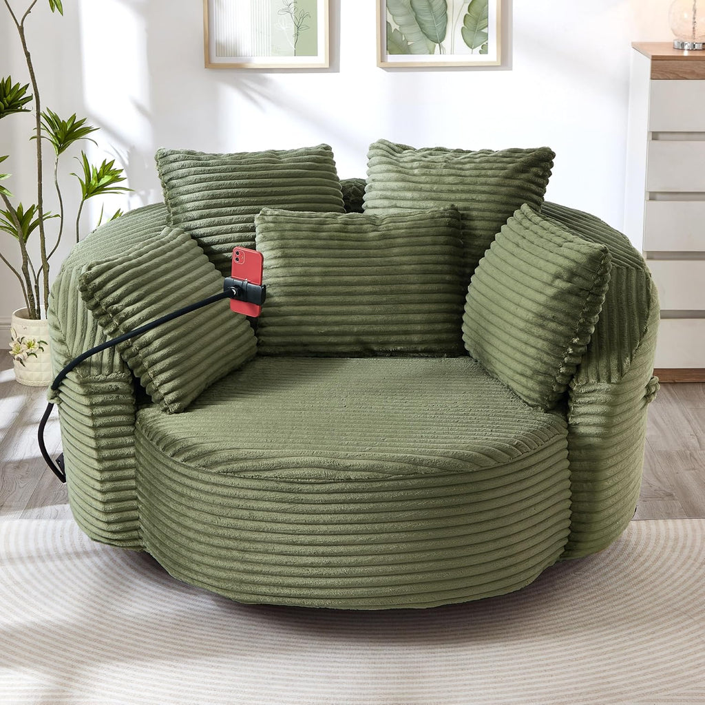 JIVOIT 360° Swivel Accent Chair with 5 Throw Pillows, Adjustable Phone Holder, Corduroy Fabric Round Sofa Chair Barrel Chair with Semi-Wraparound Design for Living Room, Office and Hotel (Green,1)