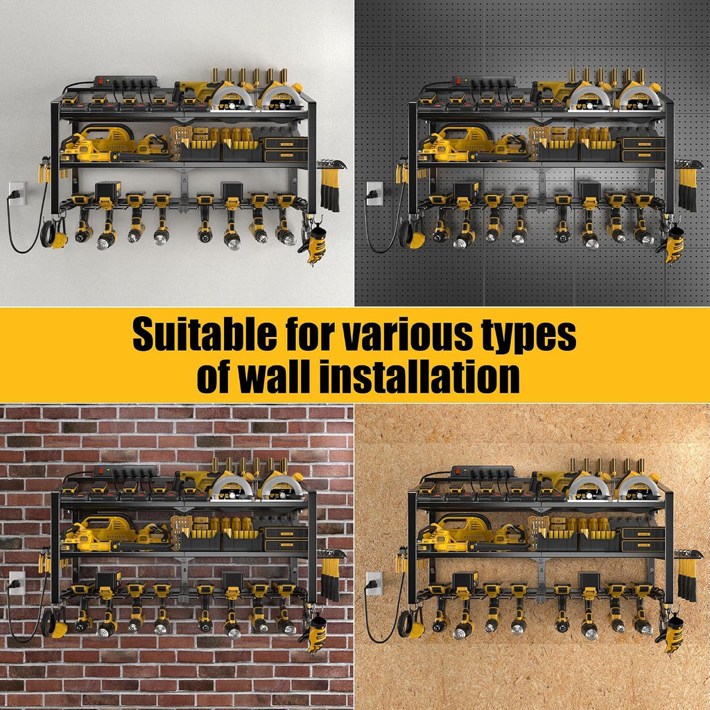 Spampur Power Tool Organizer Wall Mount with Charging Station, 3 Layers Storage Rack with 8 Cordless Drill Hangers, Tool Battery Holder Built in 6 Outlet Power Strip, Utility Racks for Garage Workshop
