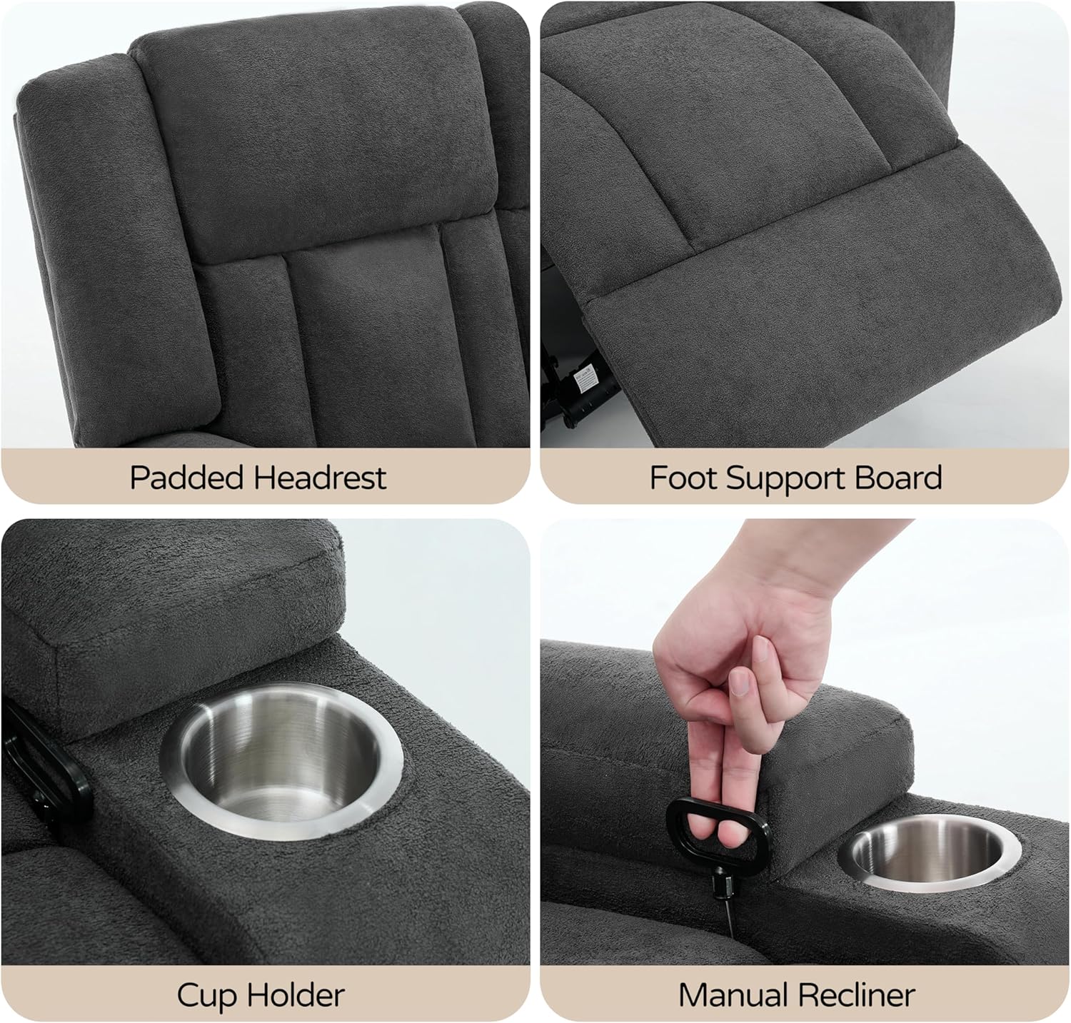 Recliner Sofa with Cup Holders, 3-Seater Fabric Reclining Couch, Manual Recliner Wall Hugger for Living Room, Home Theater, Small Spaces (Dark Gray)