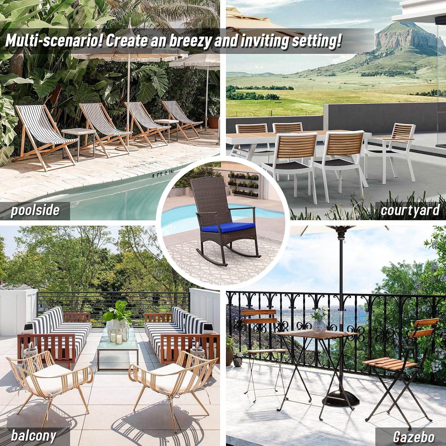 Outdoor HDPE Wicker Rocking Chair 3-Piece Patio Rattan Bistro Set 2 Rocker Armchair and Glass Coffee Side Table Furniture Washable Lacing Cushions, Blue