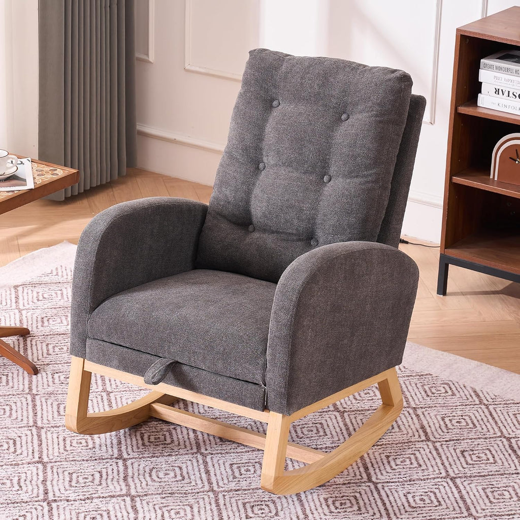 Rocking Chair with Foot Rest, Nursery Glider Teddy Gliding Rocking Chair with Retractable Footrest Rubber Wood Legs Side Pocket High Back & Wide Seat Nursing Chair for Living Room (Gray)