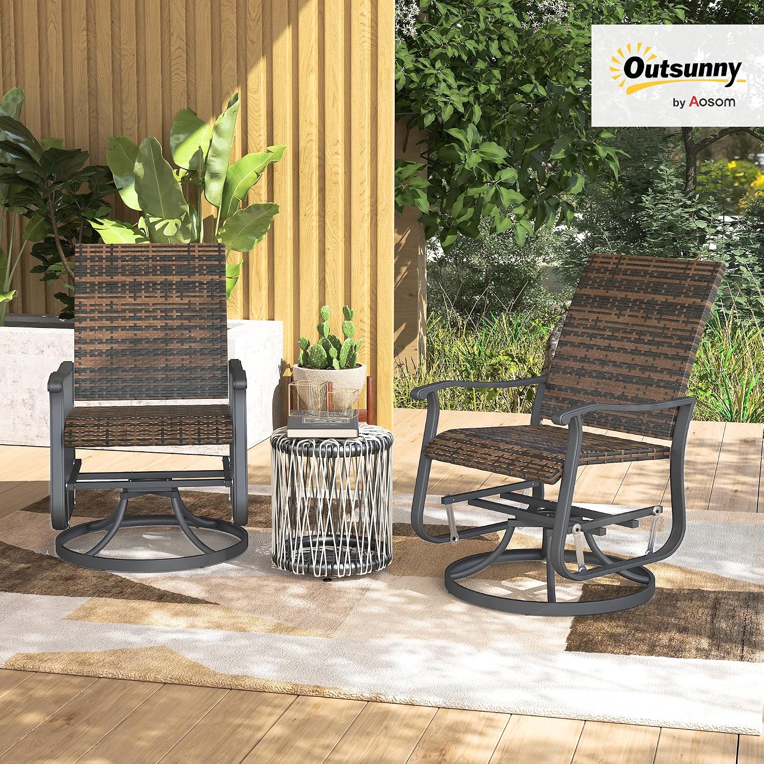 Outsunny Patio Glider Chair Set of 2, Wicker Rattan Outdoor Swivel Chair with Steel Frame, High Back, Armrests, Porch Glider with Adjustable Foot Pads for Garden, Lawn, Backyard, Brown
