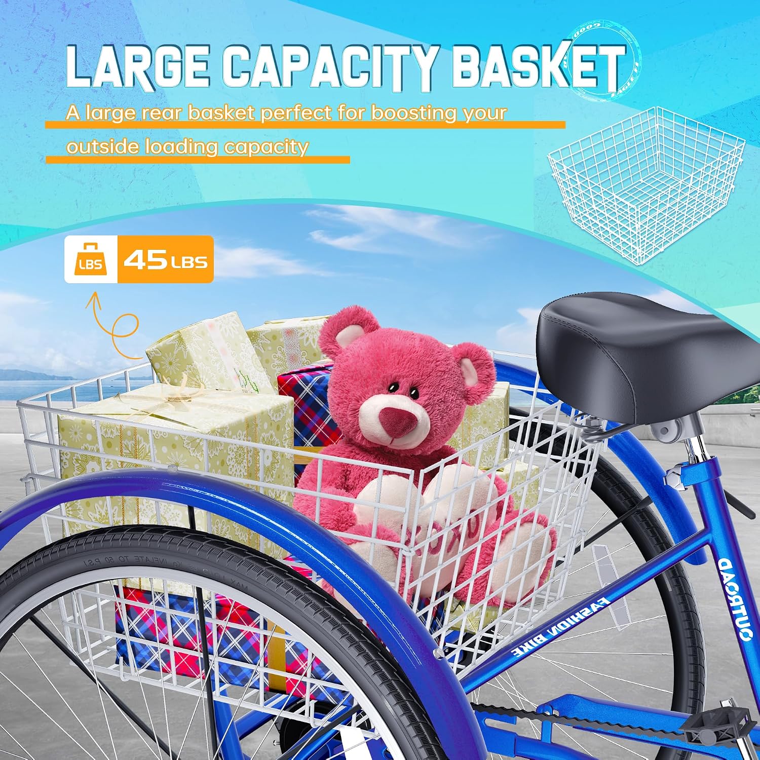 Single Speed Adult Tricycle, 3 Wheel Bikes with Large Basket, Cruiser Bike for Women/Men/Seniors, Adult Trike for Outdoor/Shopping/Recreation/Picnic(26Inch Blue)
