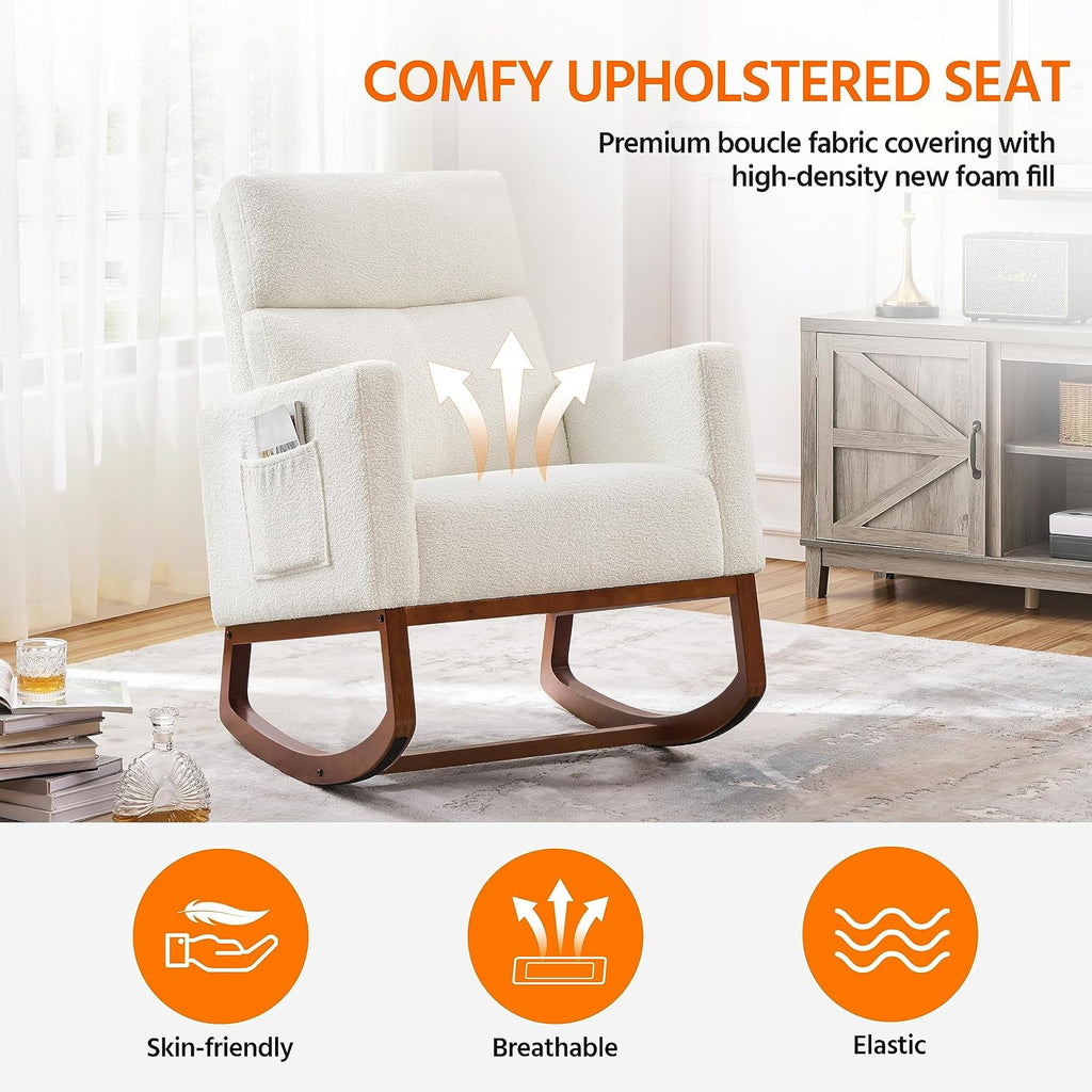 Yaheetech Upholstered Rocking Chair, Boucle Nursery Glider Chair with Side Pocket, Modern Rocking Accent Armchair with High Back and Rubber Wood Legs for Living Room Bedroom Nursery, 2 Pcs, Ivory