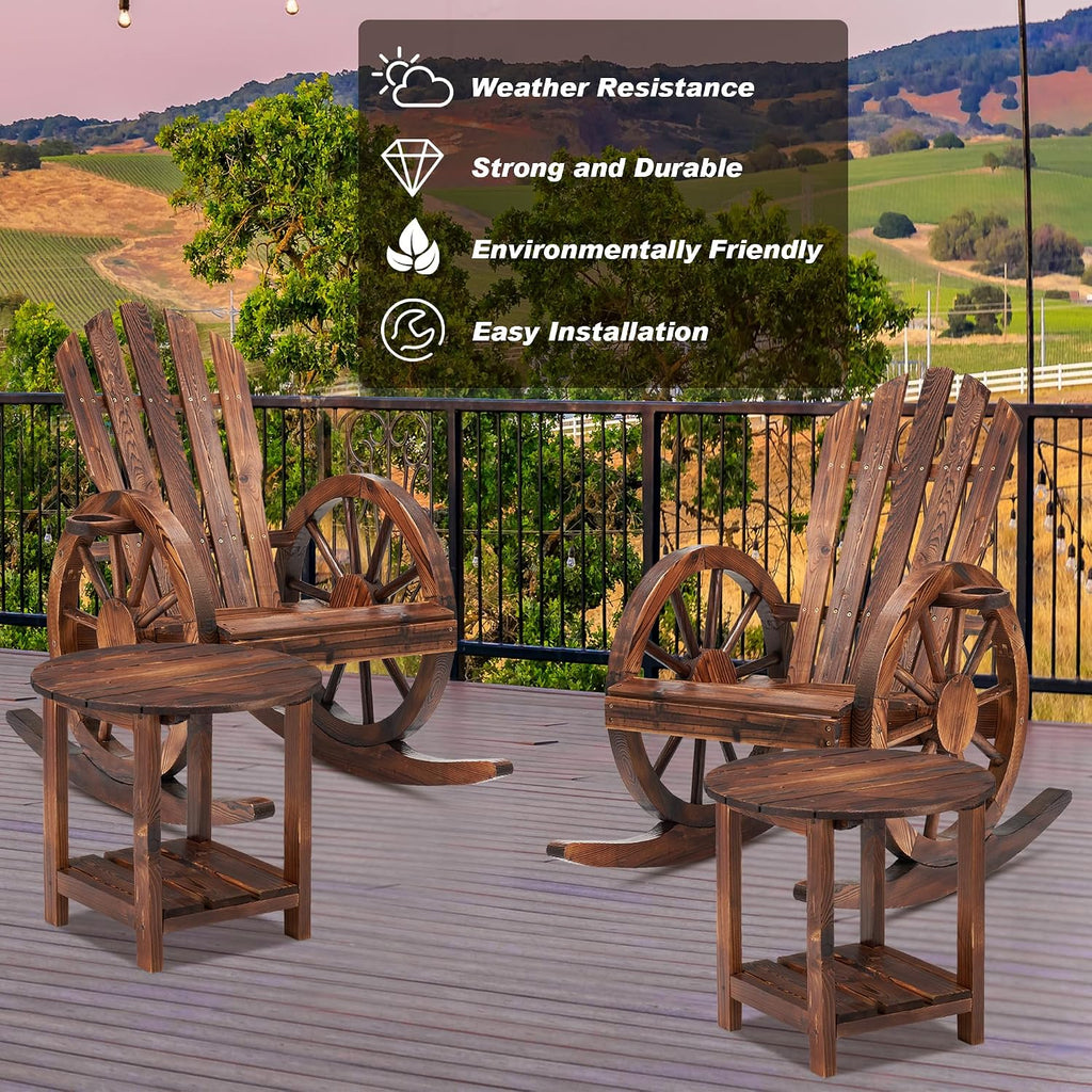 AHB Outdoor Wooden Rocking Chairs Set, Wagon Wheel Armrest Yard Glider Patio Chair with Small Table for Coffee Break, Adirondack Rocking Chair for Summer Lawn Garden Balcony, Brown (4 PCS)