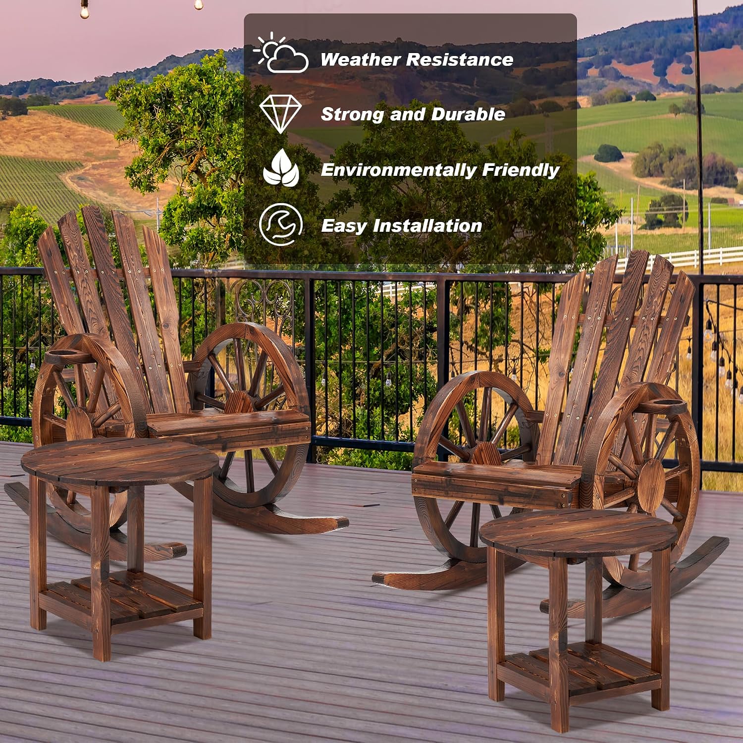 AHB Outdoor Wooden Rocking Chairs Set, Wagon Wheel Armrest Yard Glider Patio Chair with Small Table for Coffee Break, Adirondack Rocking Chair for Summer Lawn Garden Balcony, Brown (4 PCS)