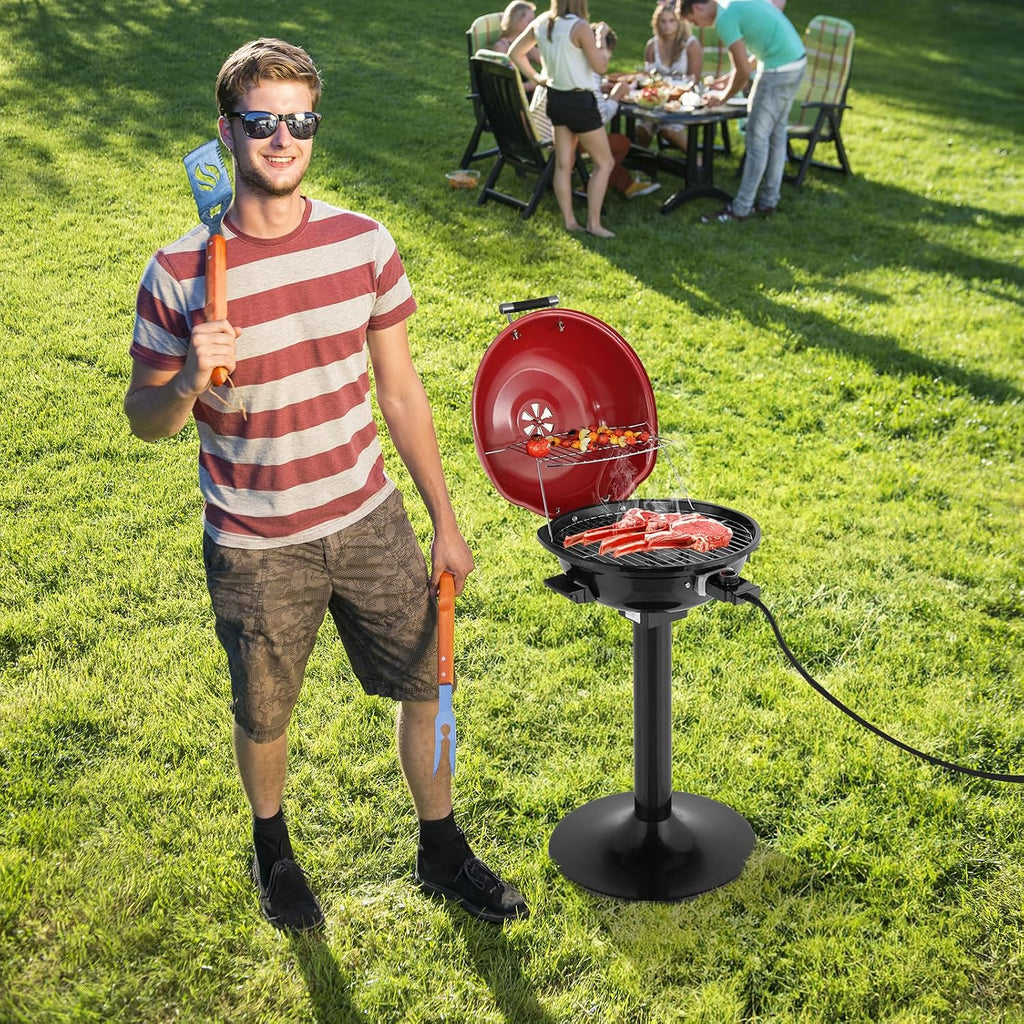Electric Grill for Indoor Outdoor, Portable Double Layer Design Countertop BBQ Grills with Lid Stand/Tabletop Options for Barbecue Cooking (Red)