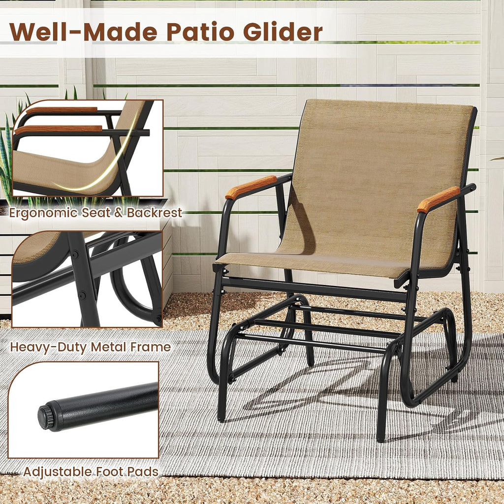 Tangkula Patio Glider Chair, Swing Gliding Armchair w/Curved Teak Armrests & Breathable Fabric Seat, Outdoor Metal Frame Rocking Chair Set for Porch, Backyard, Poolside (2 Pack)