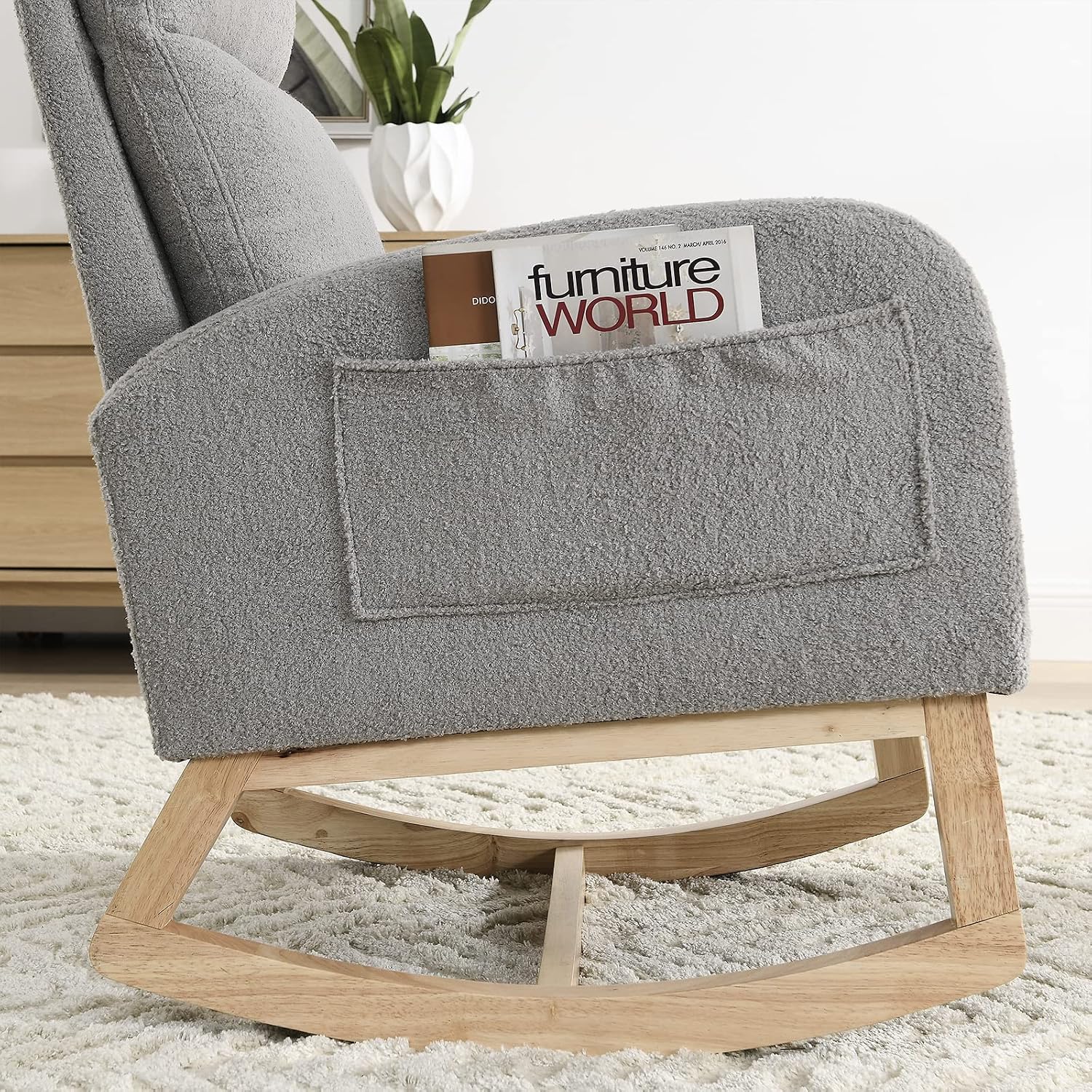 JEEOHEY Rocking Chair Nursery,Teddy Fabric Upholstered Baby Glider Rocker Chair,Comfy Accent Arm Chair with Side Pockets&Solid Wood Legs,Modern Nursing Single Sofa Chair for Living Room,Bedroom(Grey)