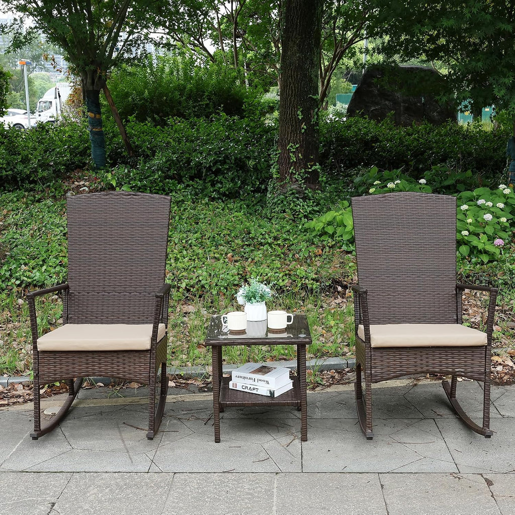 Outdoor Rocking Chair 3 Pieces High-Backed Rocking Chair Patio Rocking Chairs Outdoor Table, Khaki