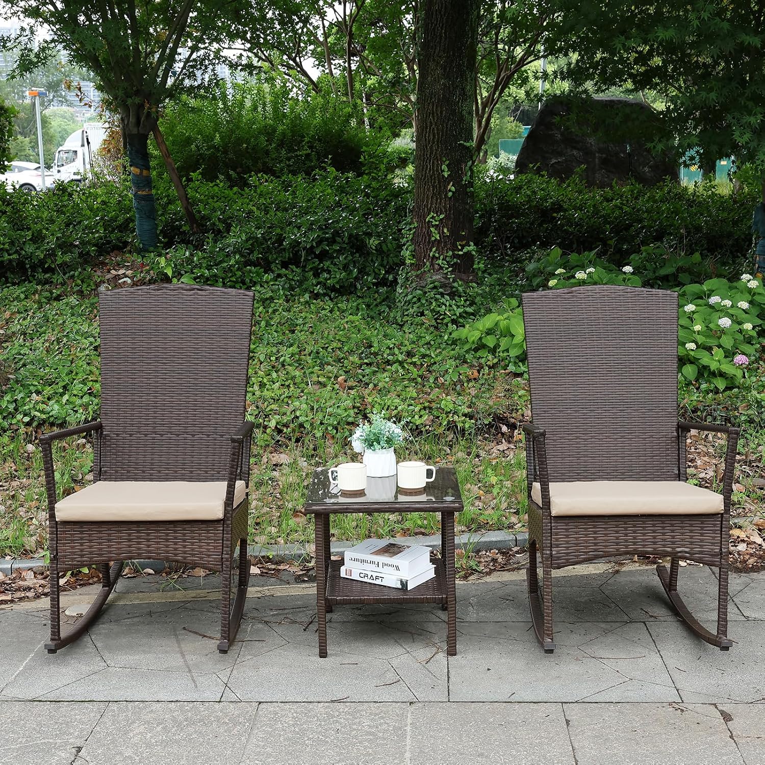Outdoor Rocking Chair 3 Pieces High-Backed Rocking Chair Patio Rocking Chairs Outdoor Table, Khaki