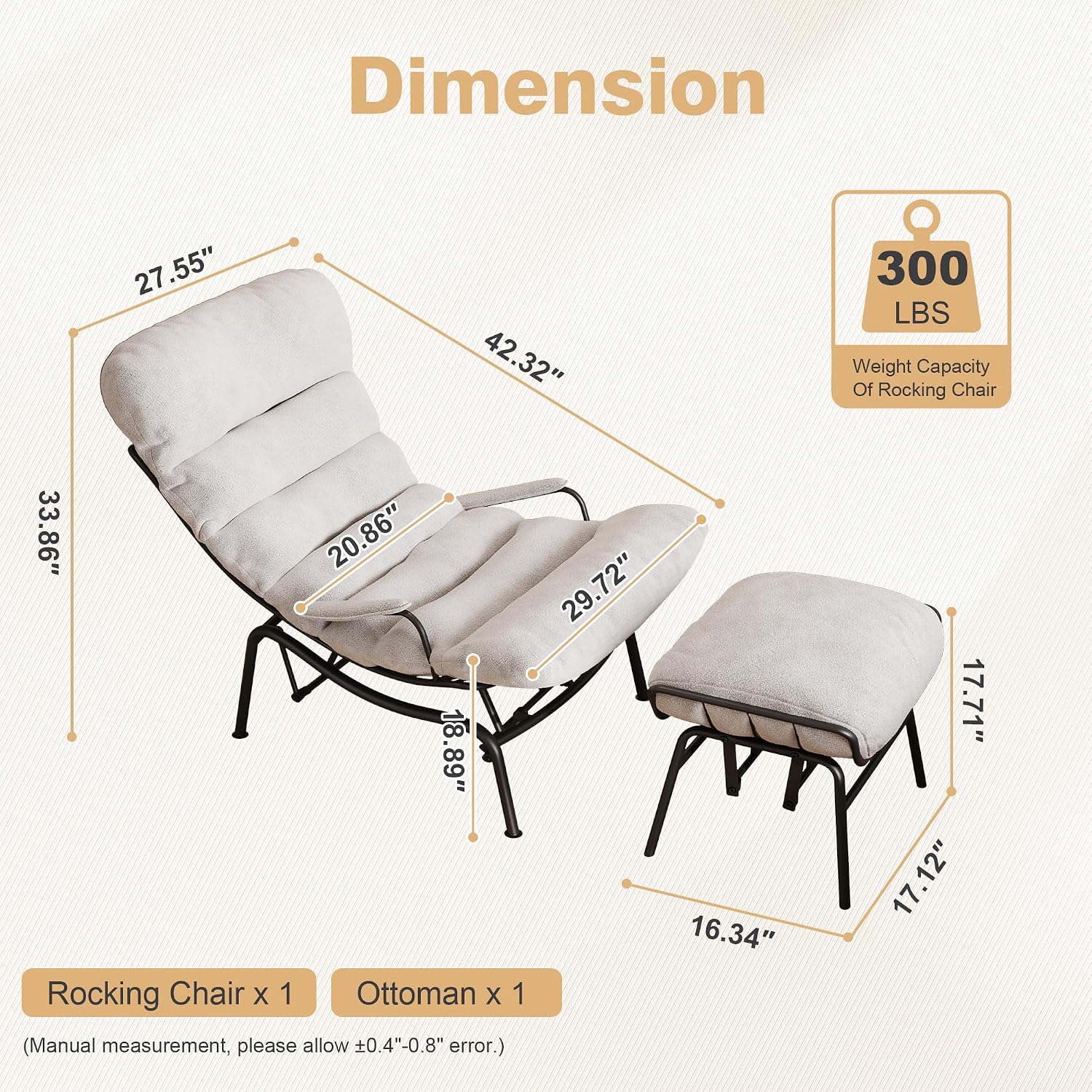 ovios Rocking Chair with Ottoman, Glider Recliner with Footrest, Lazy Accent Armchair with Comfy Cushion for Living Room Bedroom Office, Cloud Plush Velvet, White